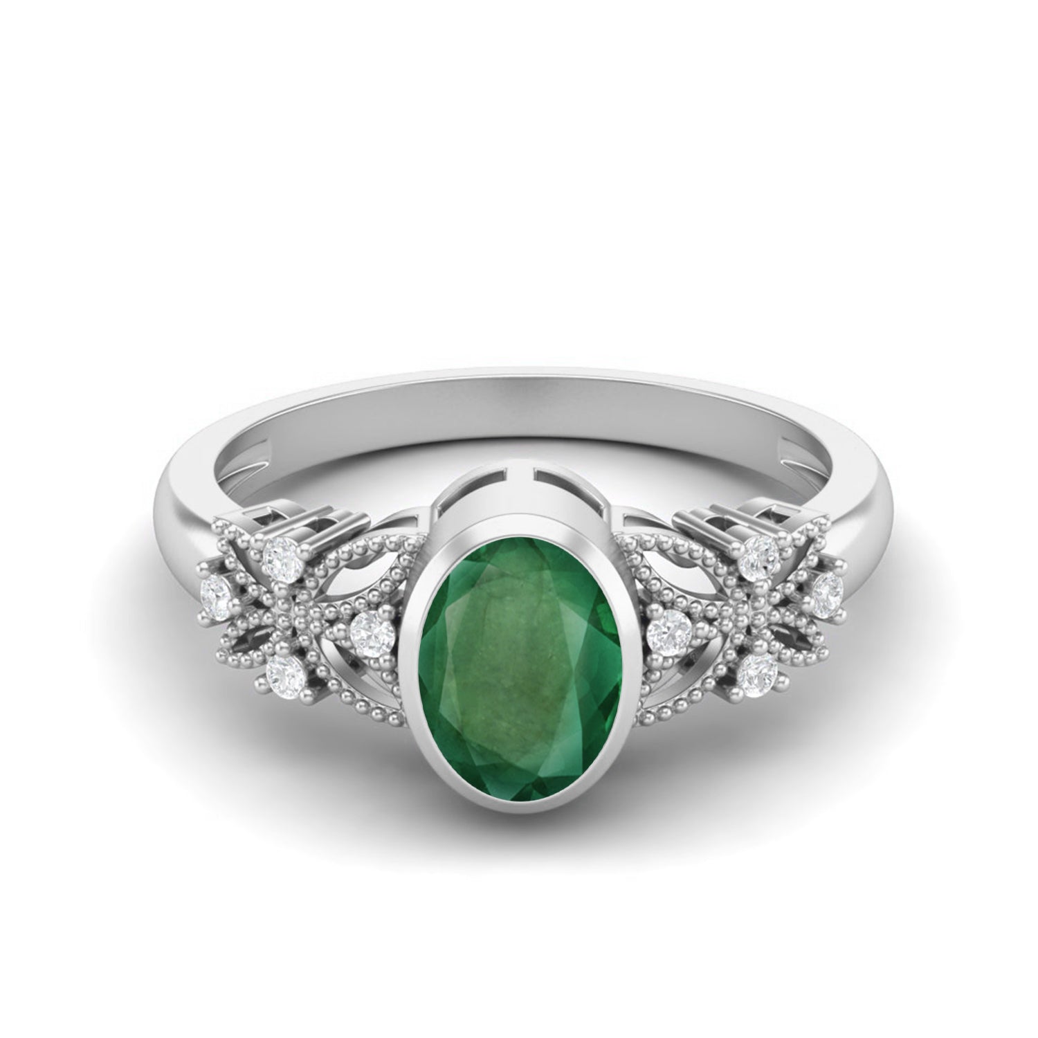 Emerald Floral Diamond Accents Ring – Sterling Silver