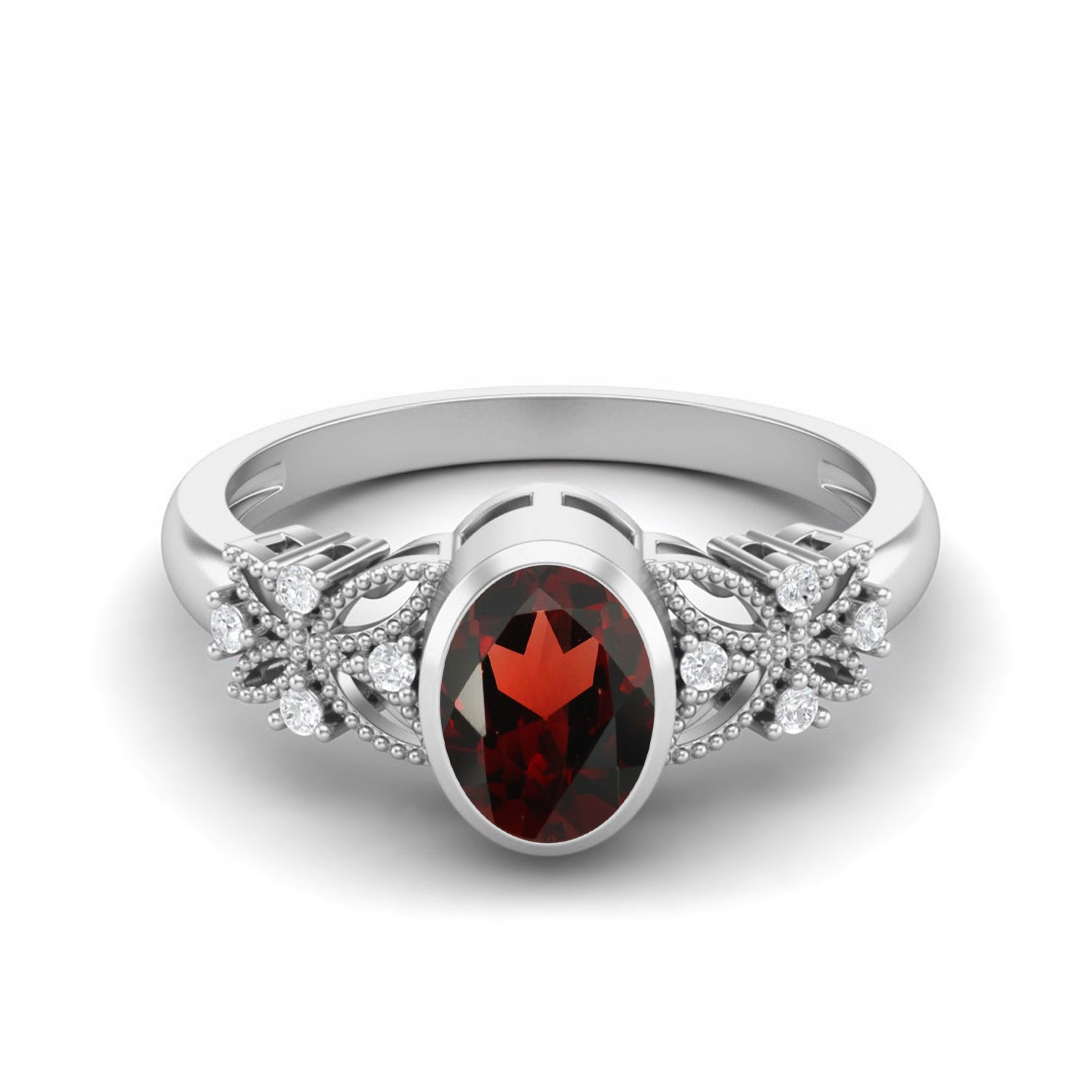 Garnet White Accents Vine Inspired Ring – Sterling Silver