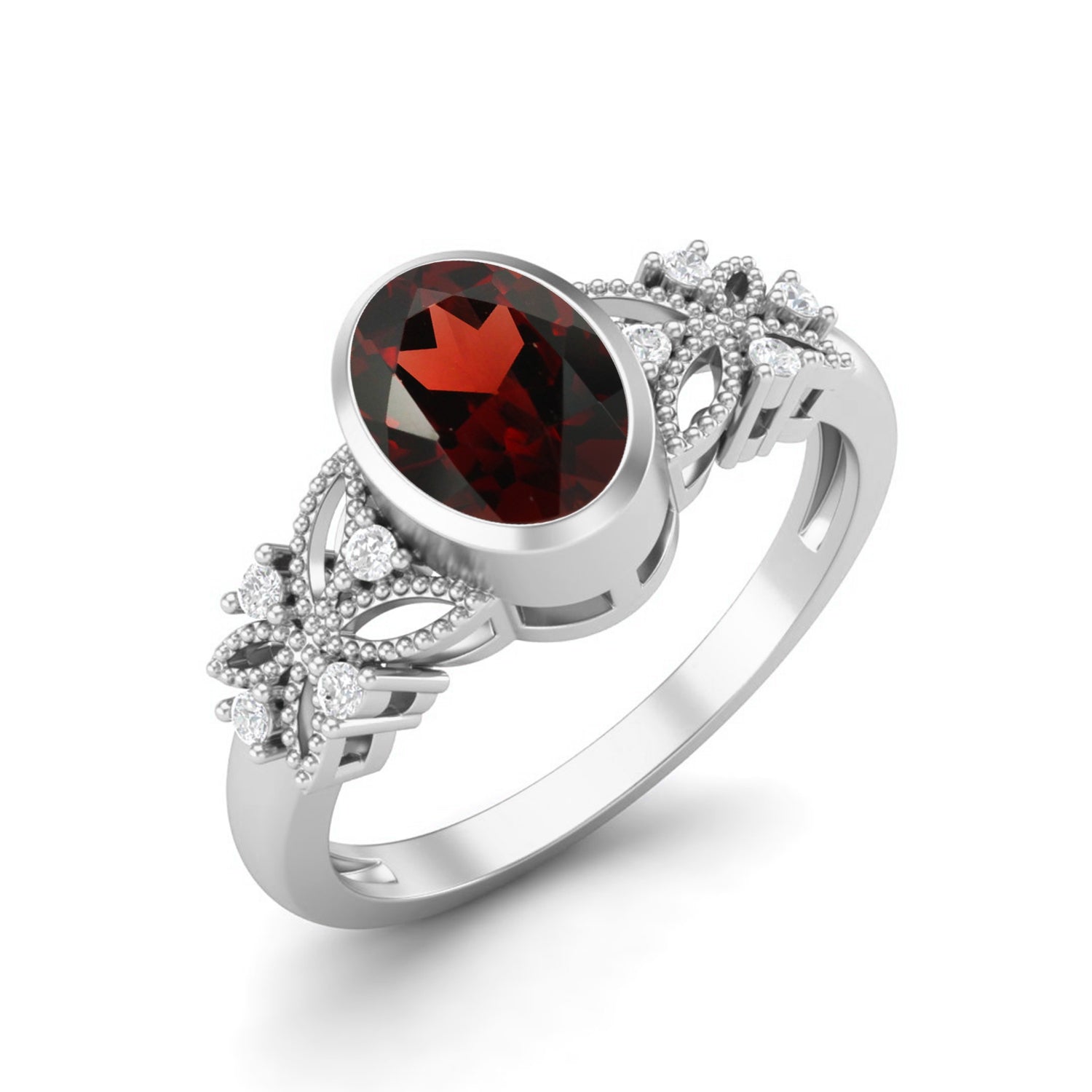 Garnet White Accents Vine Inspired Ring – Sterling Silver