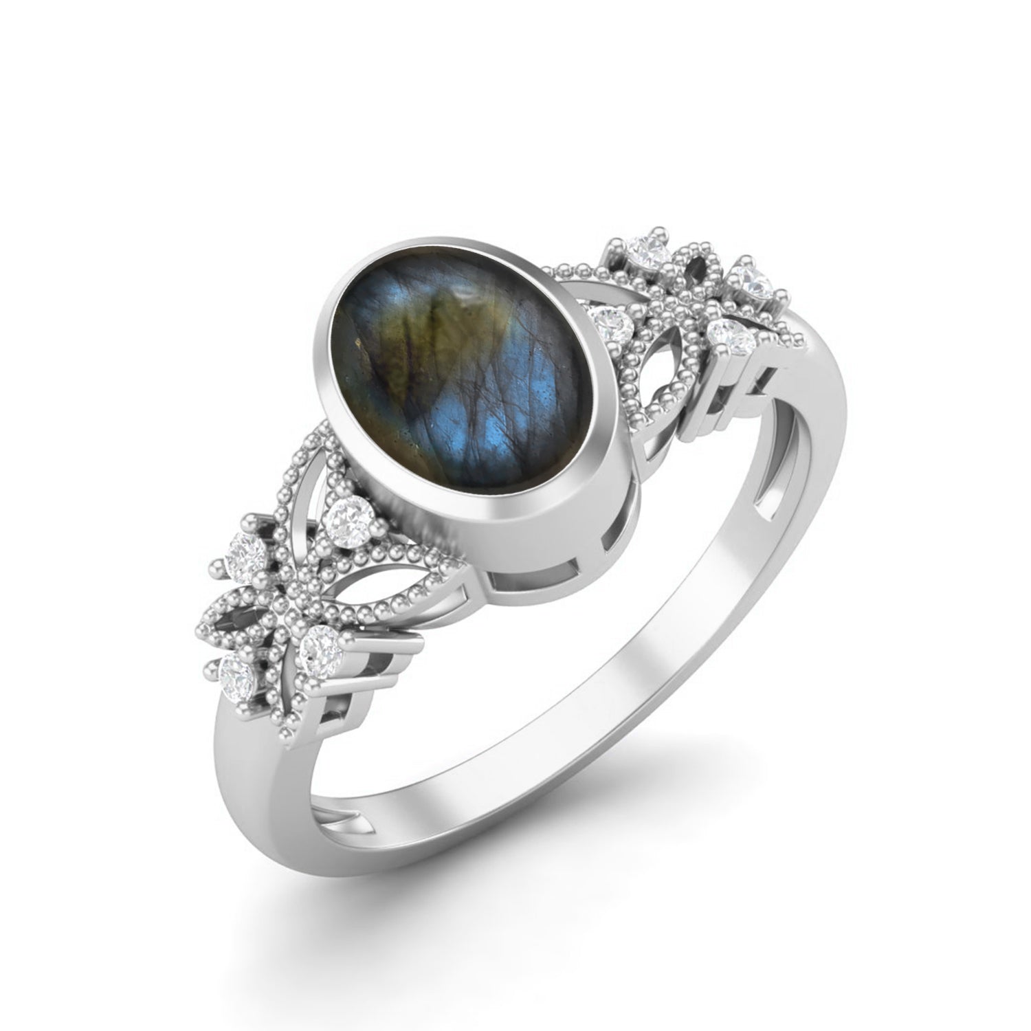 Anello solitario da sposa celtico in labradorite ovale da 7x5 mm