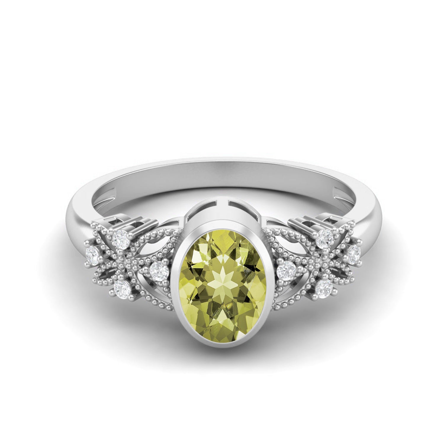 Lemon Quartz Floral Accents Ring - Sterling Silver