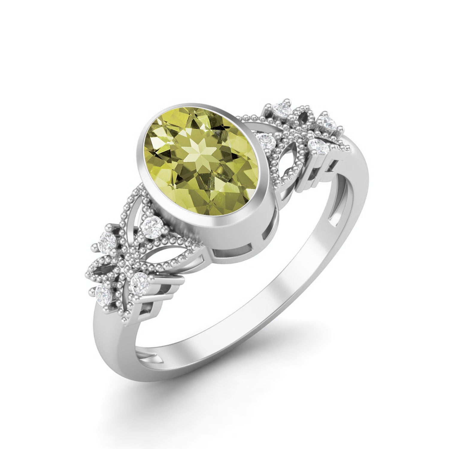 Lemon Quartz Floral Accents Ring - Sterling Silver