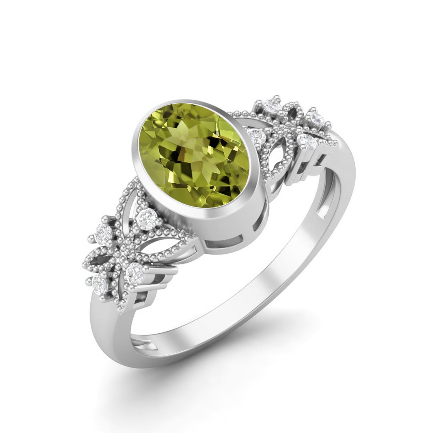 Peridot Floral Accents Ring - Sterling Silver