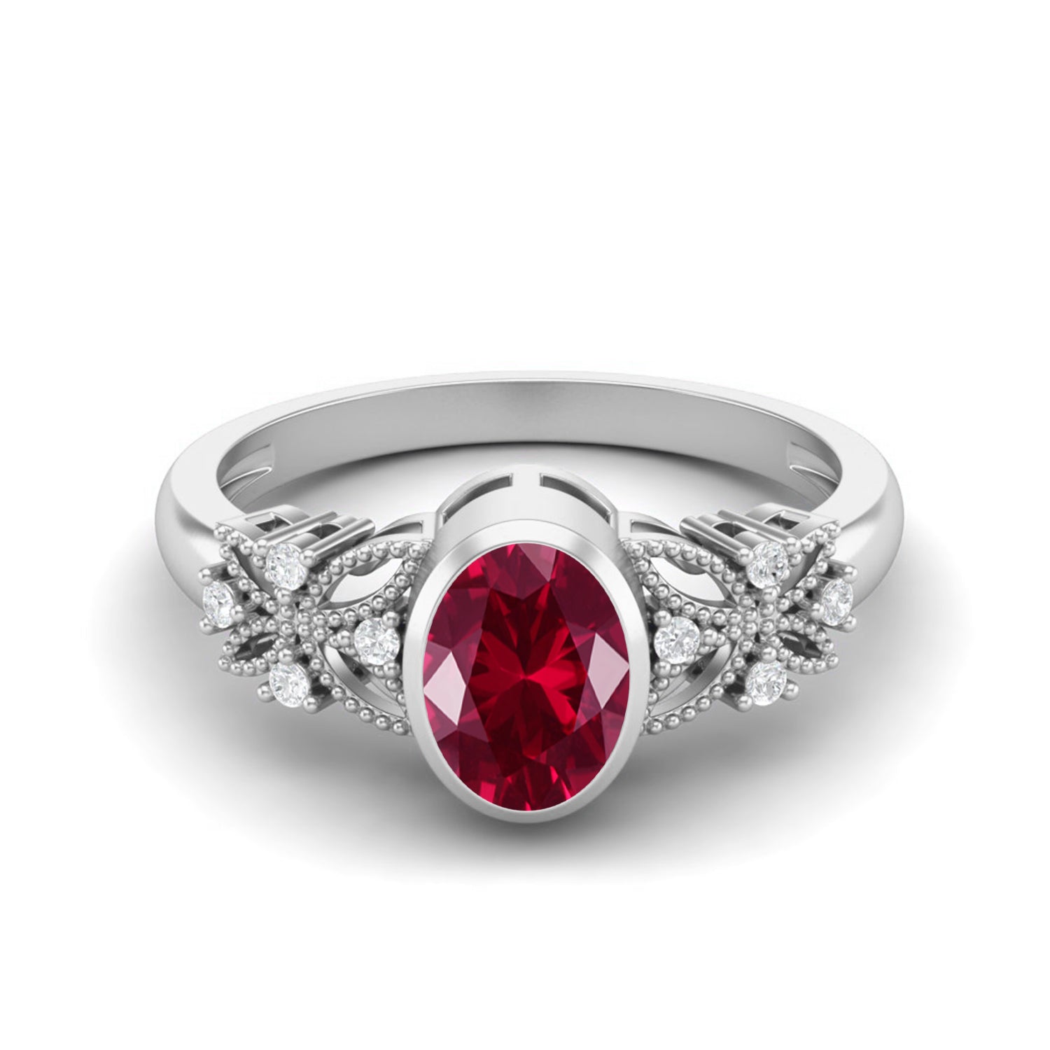 Ruby Floral Diamond Accents Ring - Sterling Silver