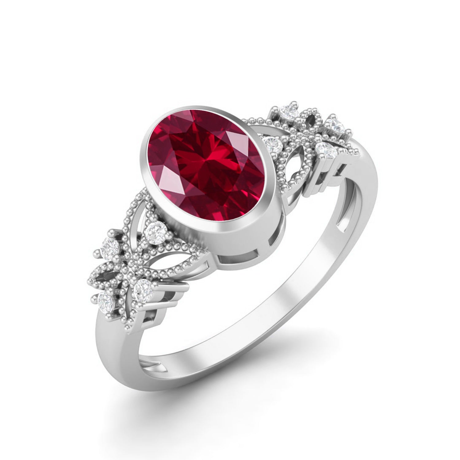 Ruby Floral Diamond Accents Ring - Sterling Silver