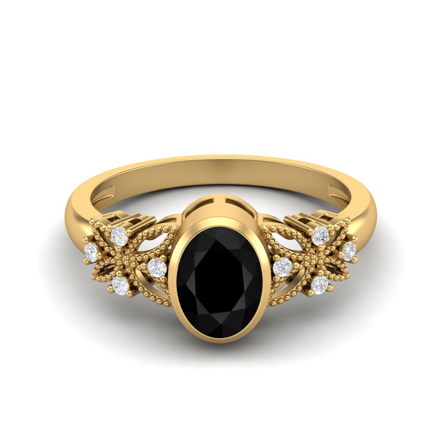 Black Spinel Floral Accents Ring - Sterling Silver