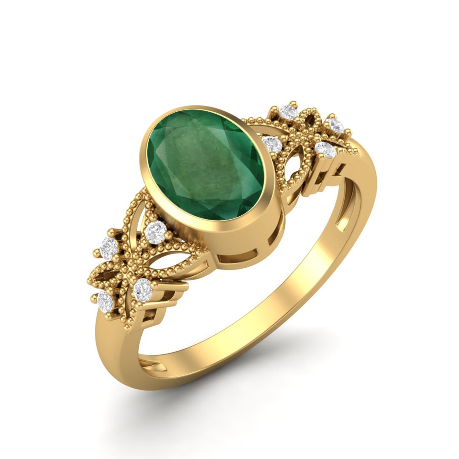 Emerald Floral Diamond Accents Ring – 14k Yellow Gold