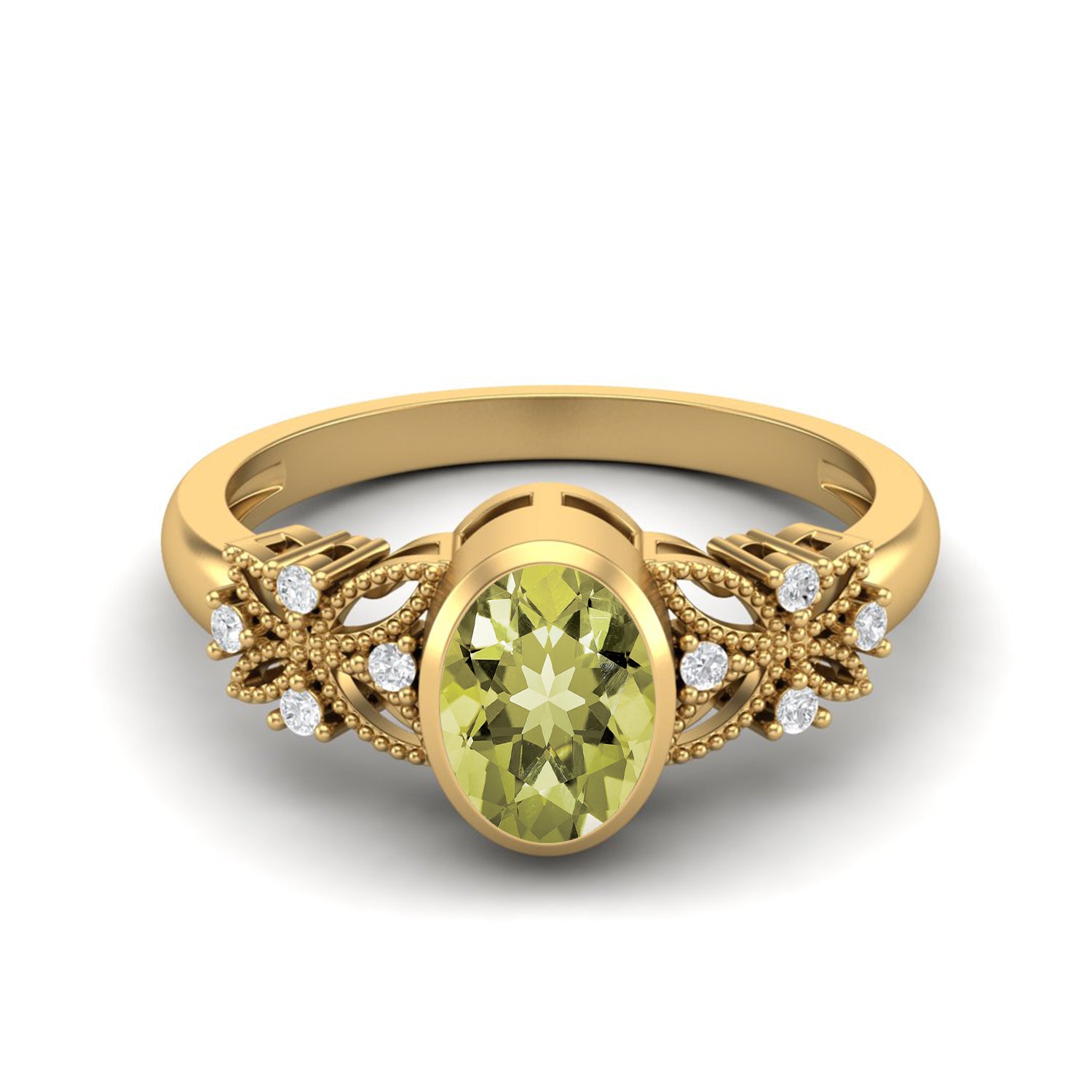 Lemon Quartz Floral Accents Ring - Sterling Silver