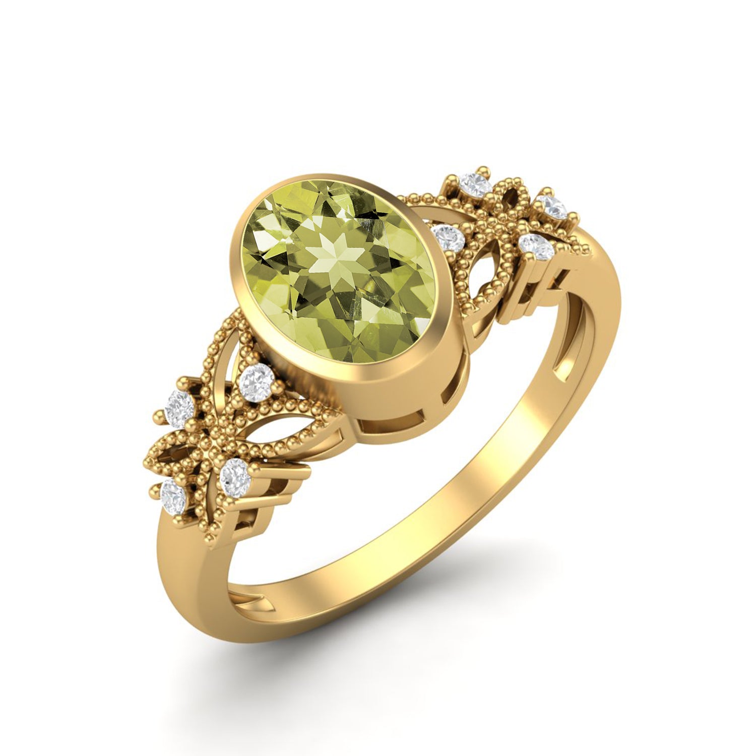 Lemon Quartz Floral Accents Ring - Sterling Silver
