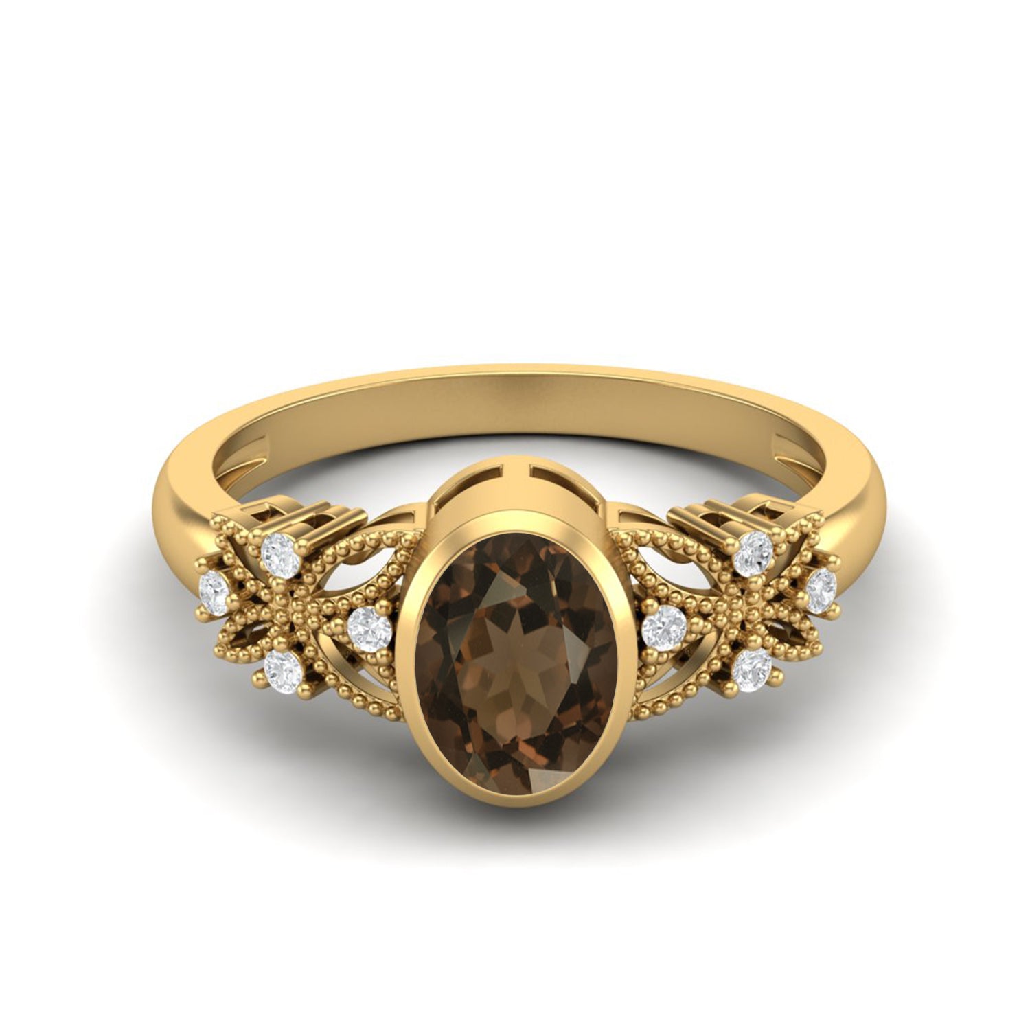 Smoky Quartz Floral Accents Ring - Sterling Silver