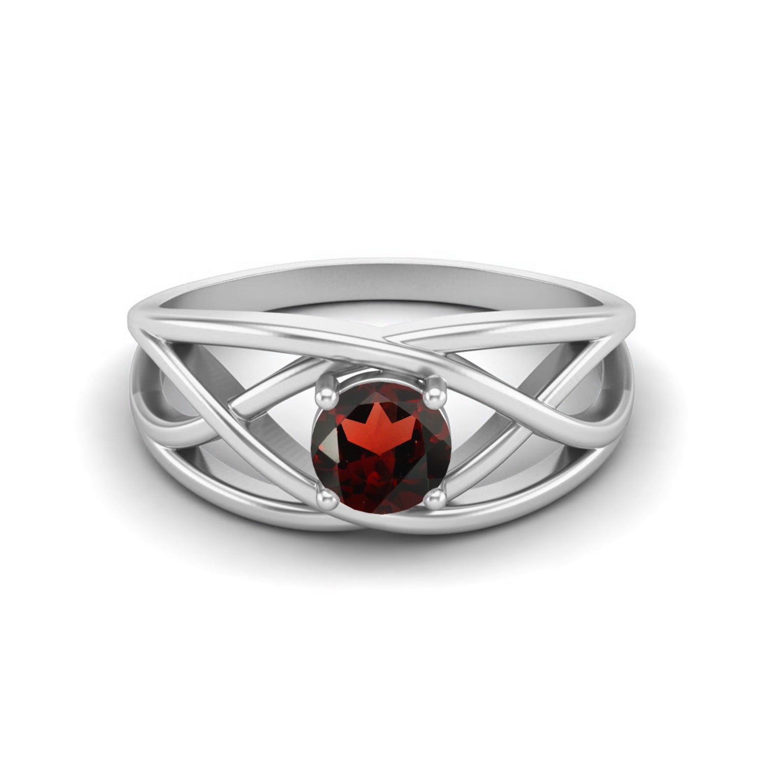 Garnet Crisscross Band Design Ring – Sterling Silver