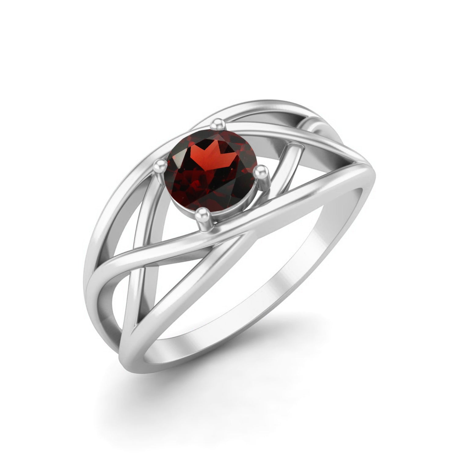 Garnet Crisscross Band Design Ring – Sterling Silver