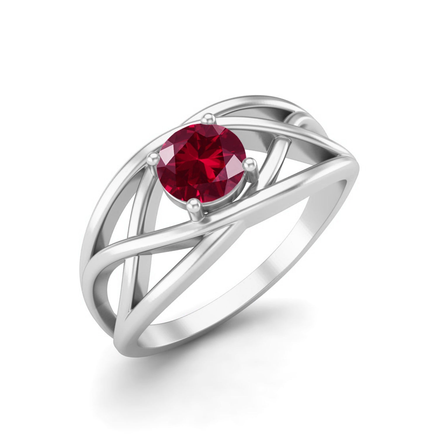 Ruby Round Criss Cross Band Ring - Sterling Silver