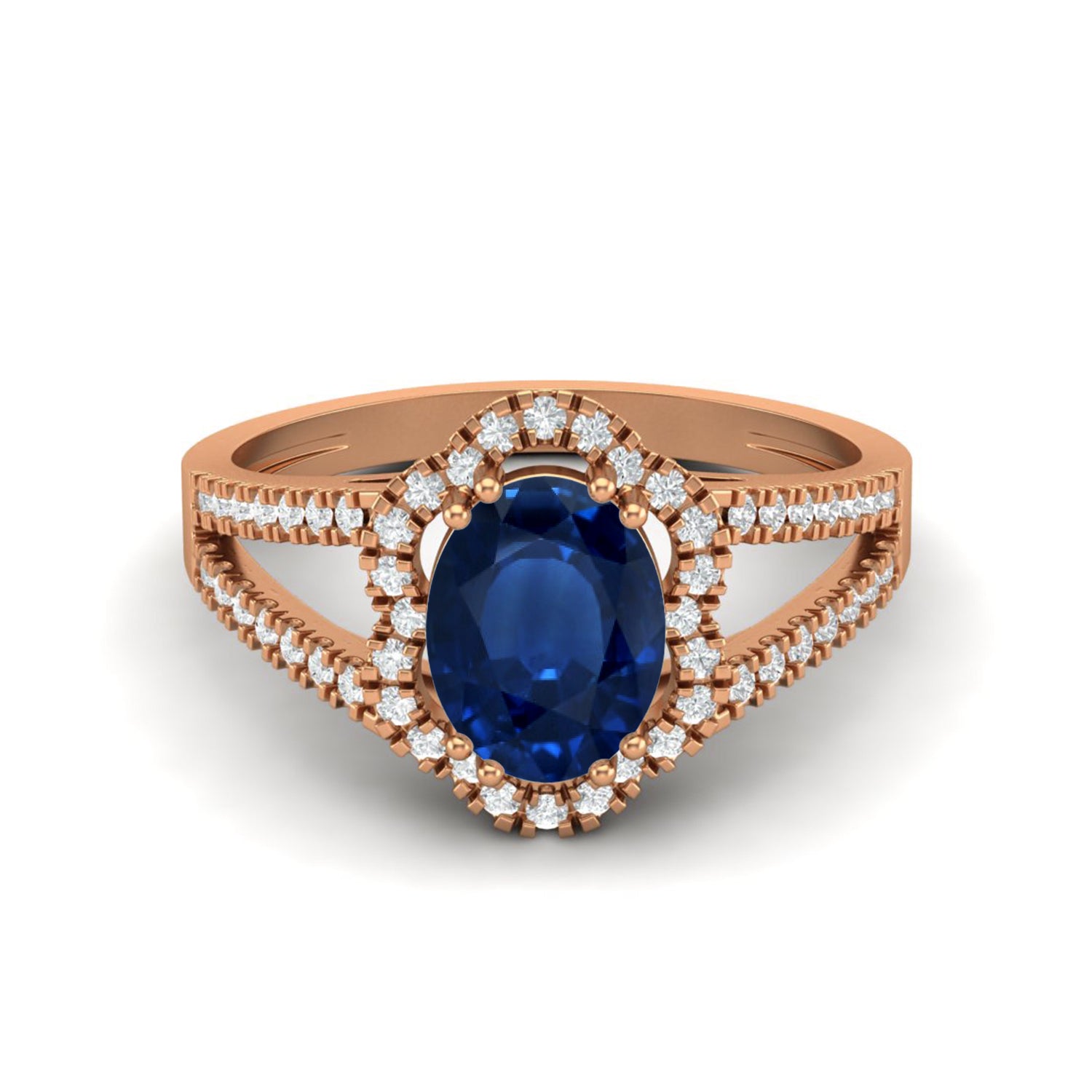 Blue Sapphire Split Shank Halo Ring - Sterling Silver