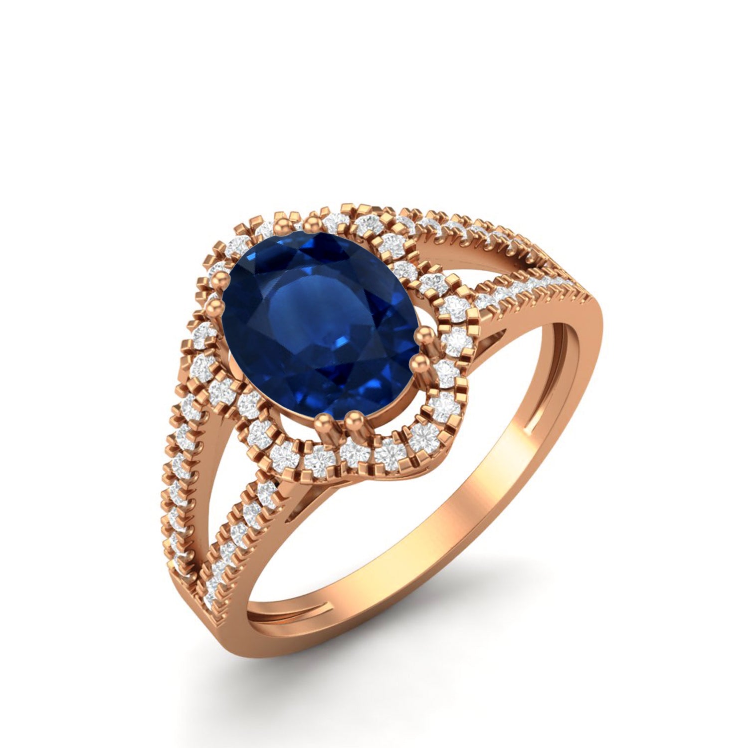 Blue Sapphire Split Shank Halo Ring - Sterling Silver