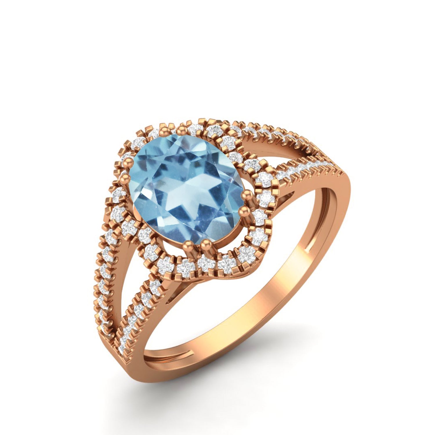 Blue Topaz Split Shank Halo Ring - Sterling Silver