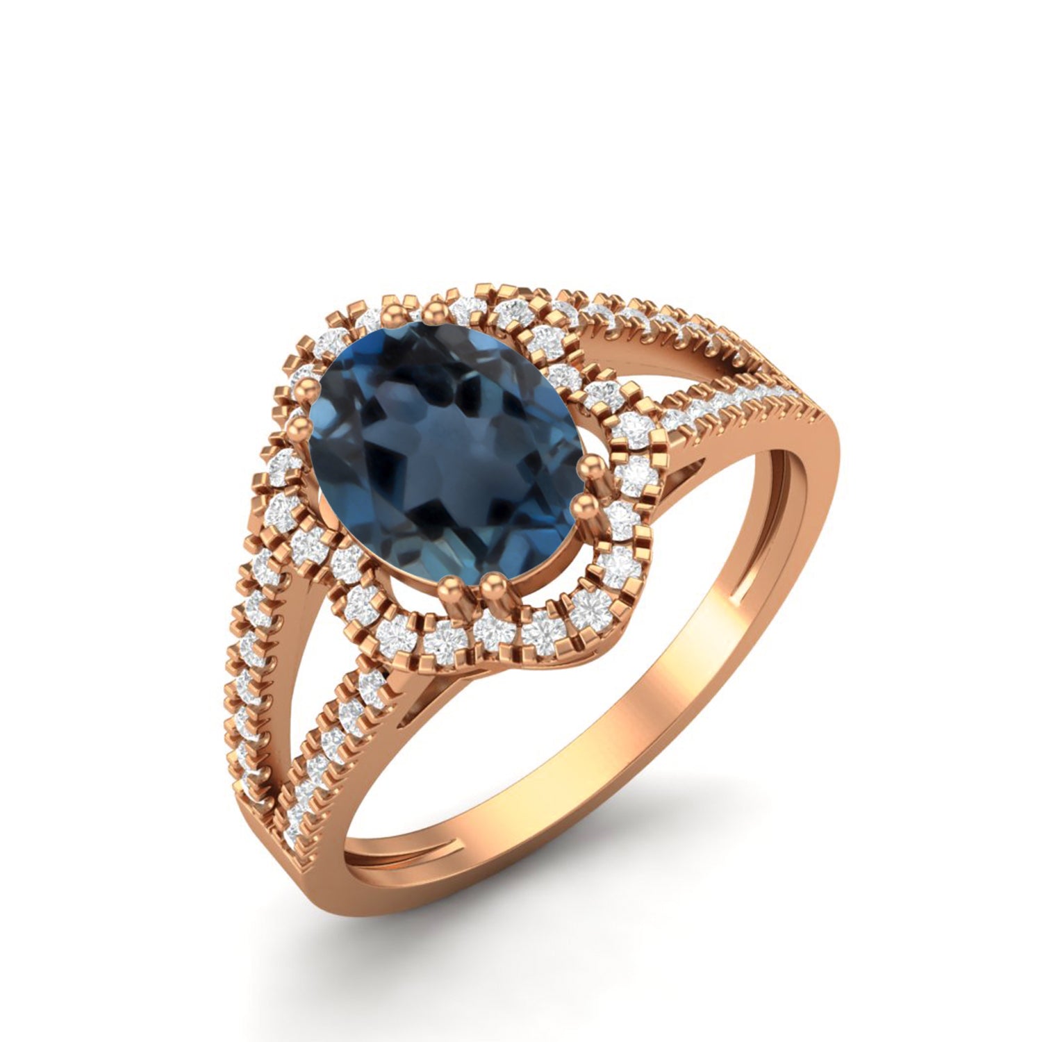 London Blue Topaz Double Halo Split Shank Ring – Sterling Silver