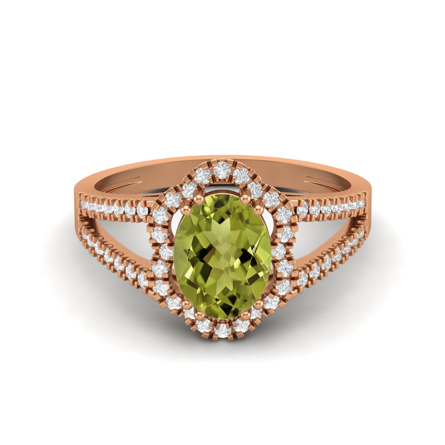 Peridot Split Shank Halo Ring - Sterling Silver