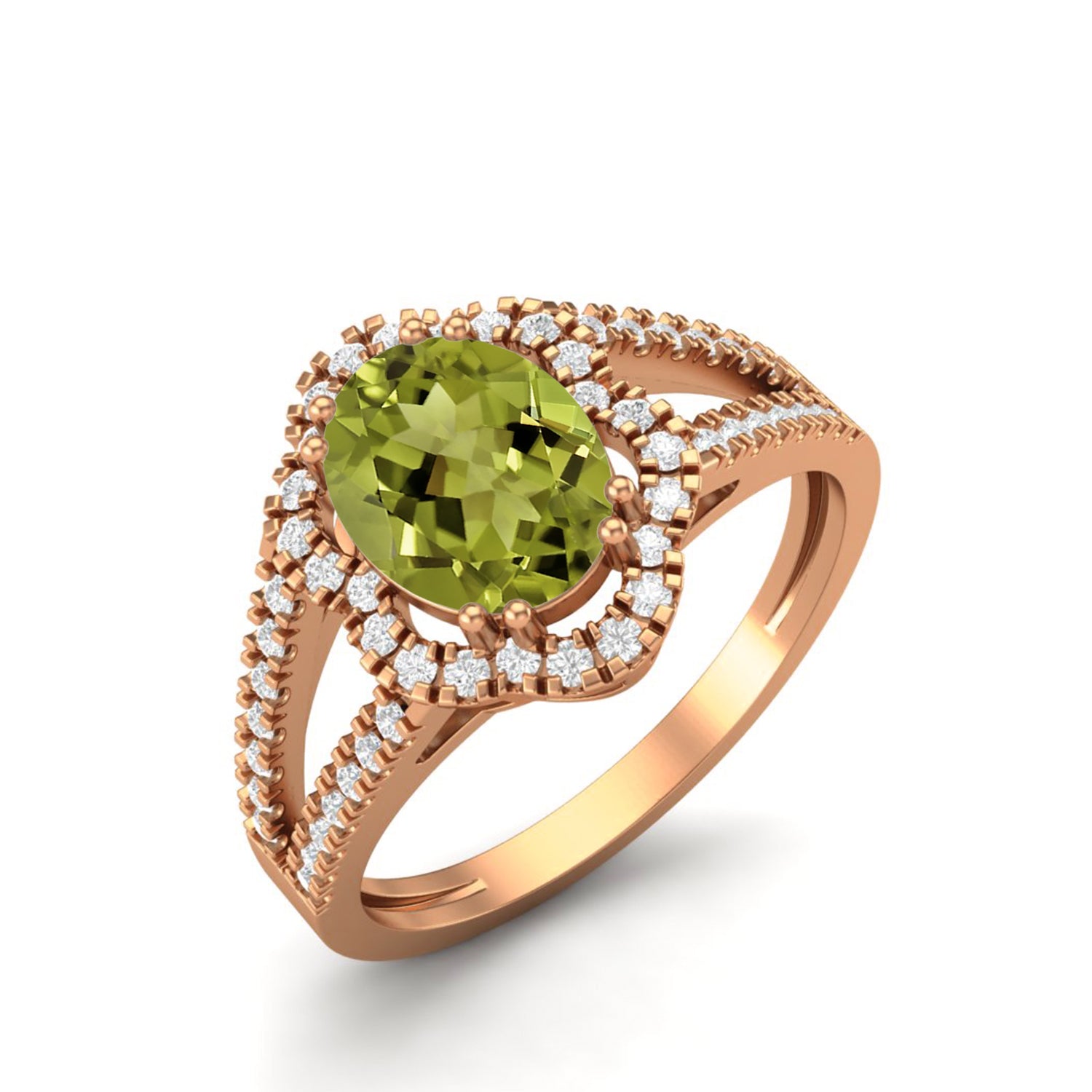 Peridot Split Shank Halo Ring - Sterling Silver