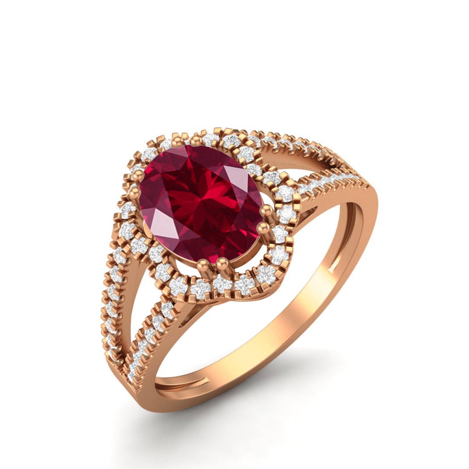 Ruby Oval Diamond Halo Ring - Sterling Silver