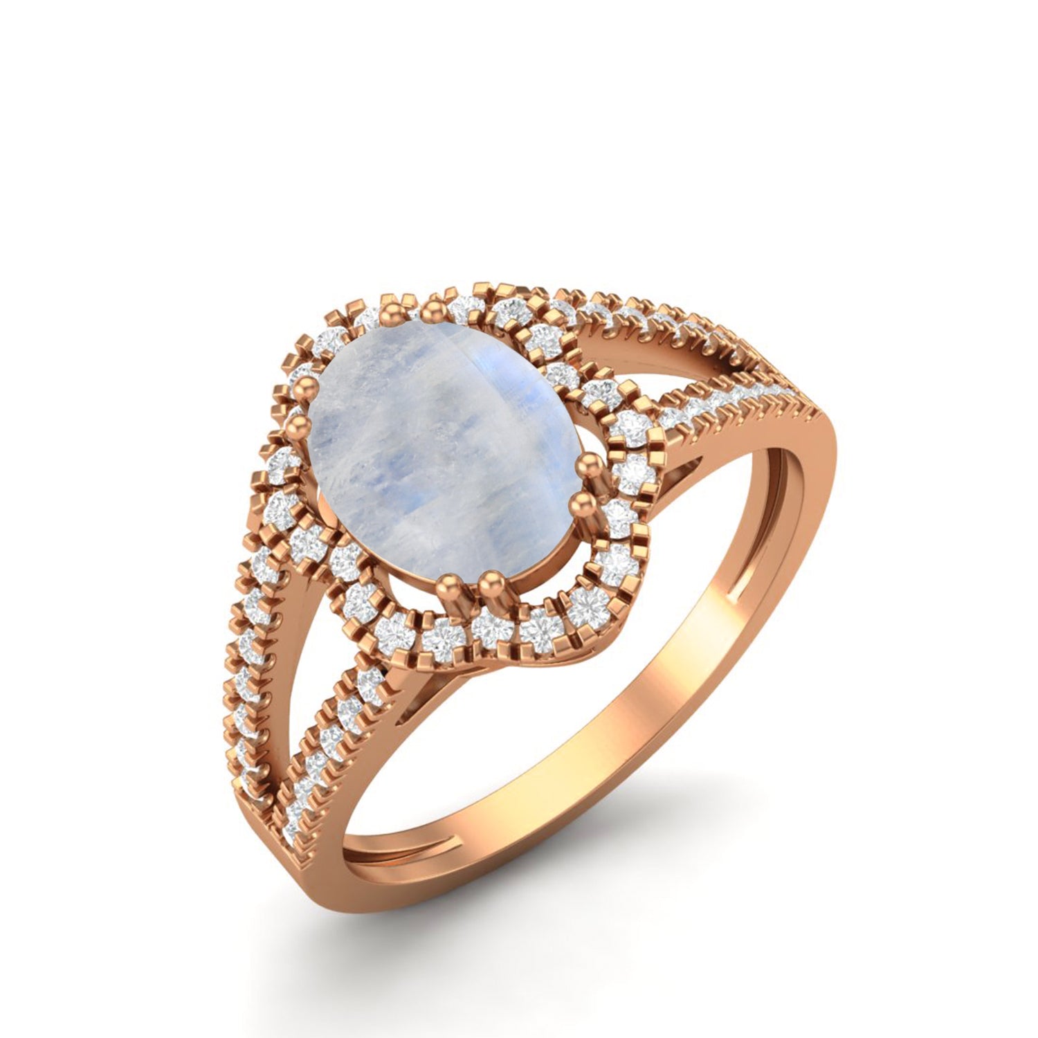 Moonstone Split Shank Halo Ring - Sterling Silver