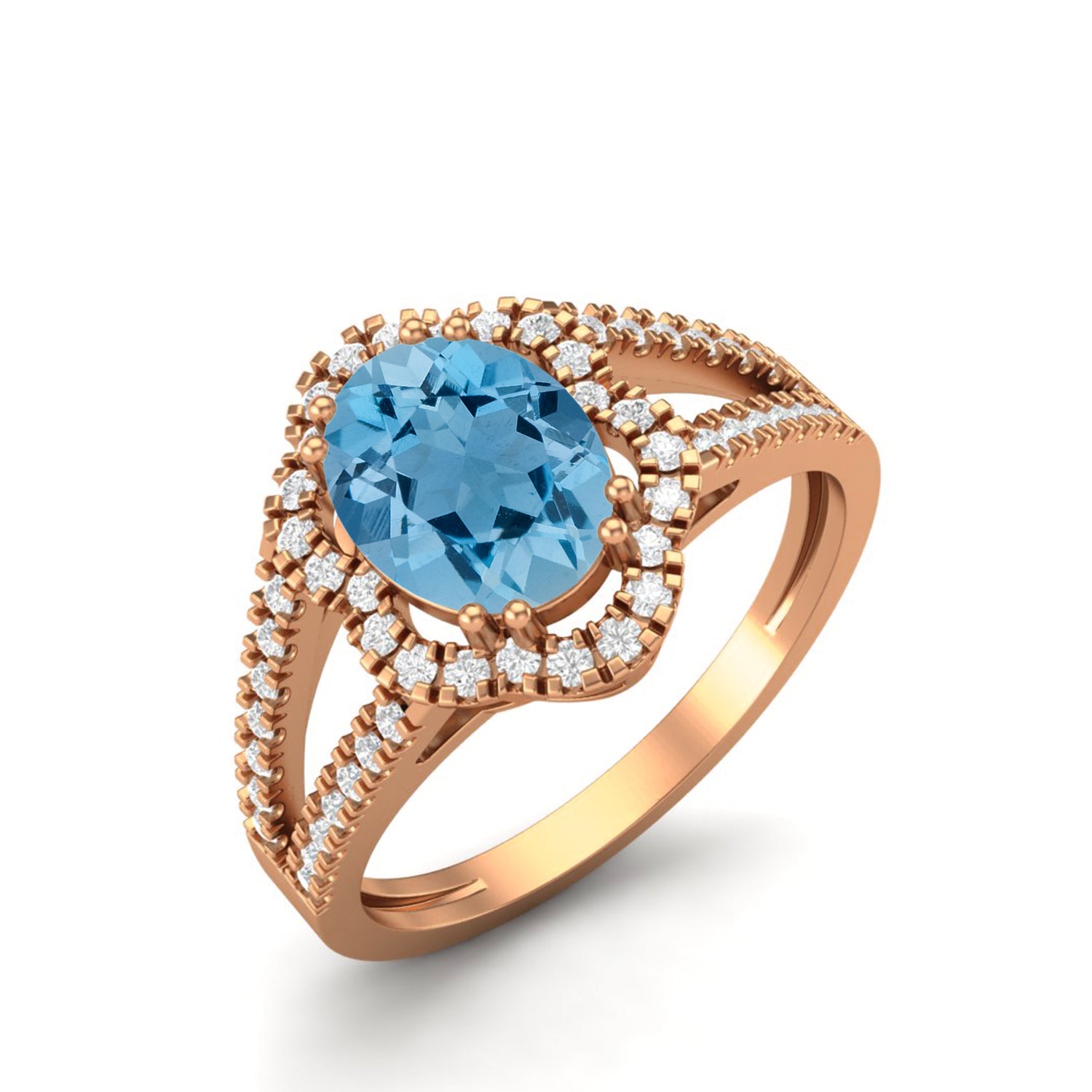 Swiss Blue Topaz Split Shank Halo Ring - Sterling Silver