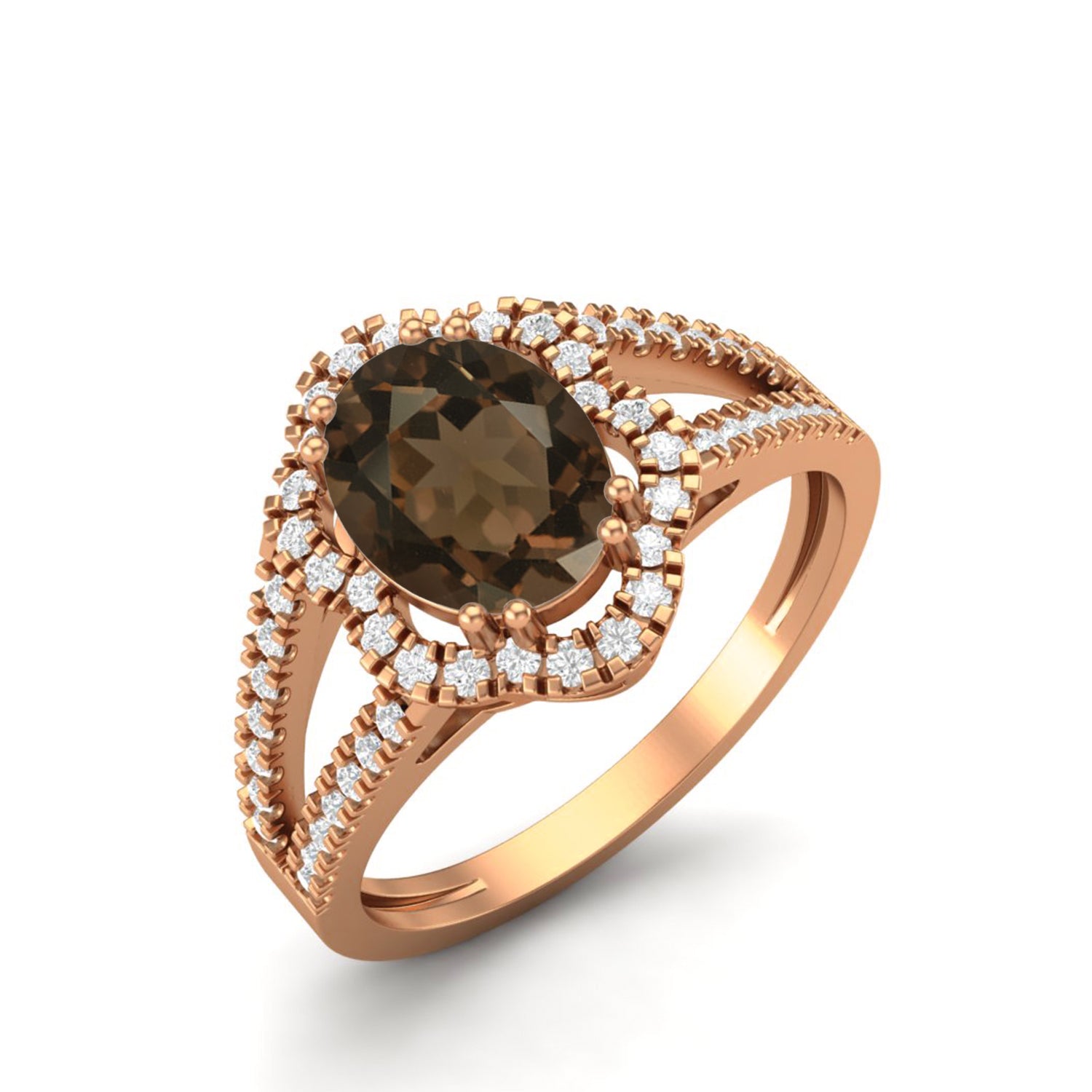 Smoky Quartz Split Shank Halo Ring - Sterling Silver