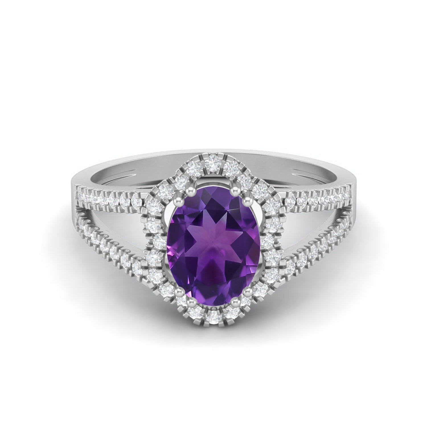Amethyst Double Halo Split Shank Ring – Sterling Silver