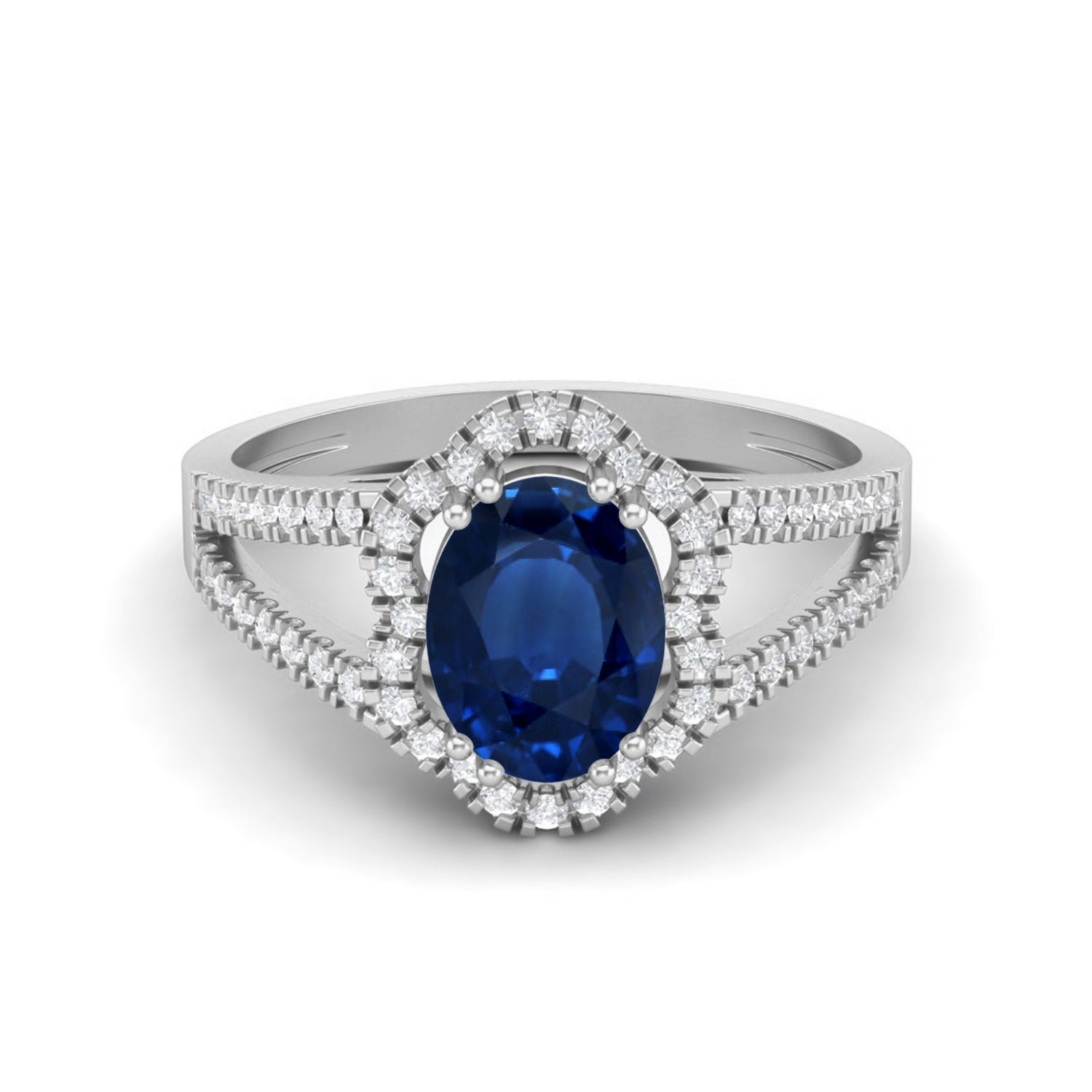 Blue Sapphire Split Shank Halo Ring - Sterling Silver