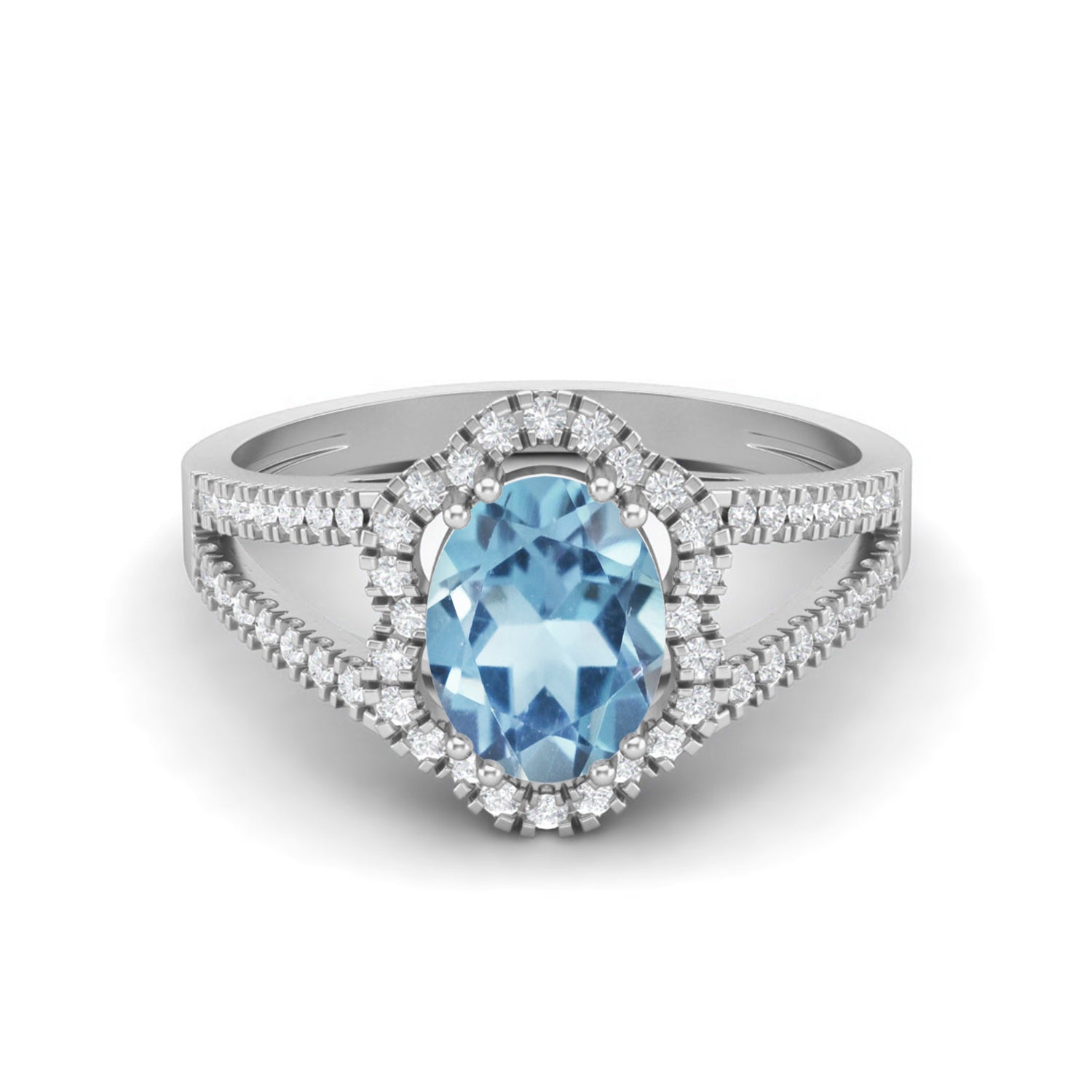 Blue Topaz Split Shank Halo Ring - Sterling Silver