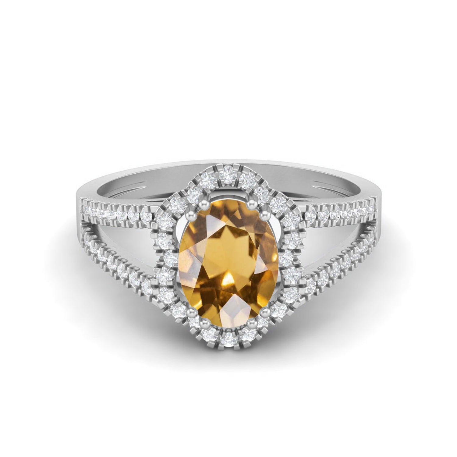 Citrine Halo White Accents Split Shank Ring – Sterling Silver