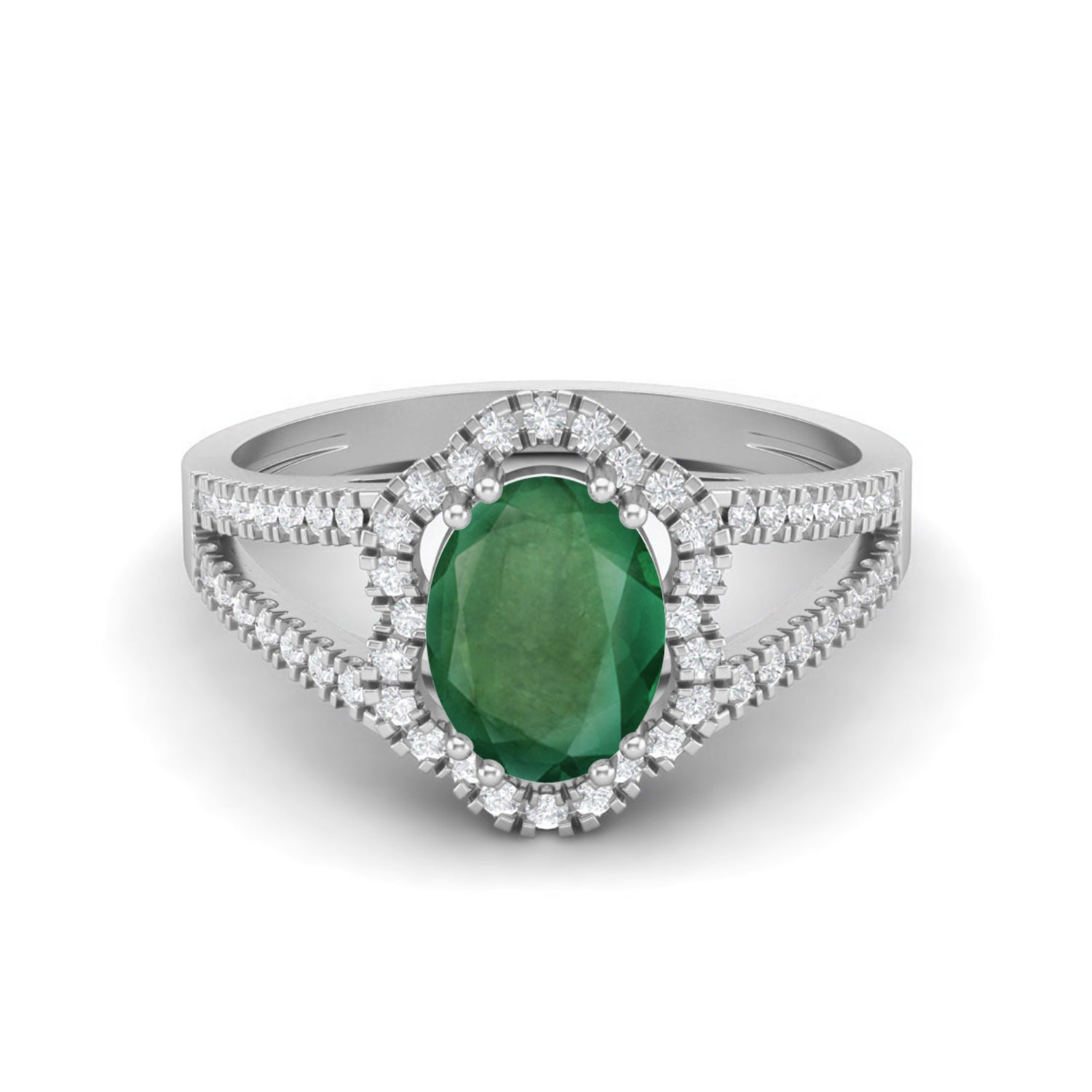 Emerald Halo Split Shank Ring – Sterling Silver