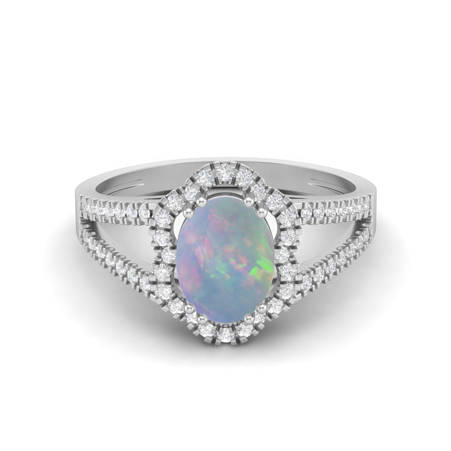 Opal Split Shank Halo Ring - Sterling Silver
