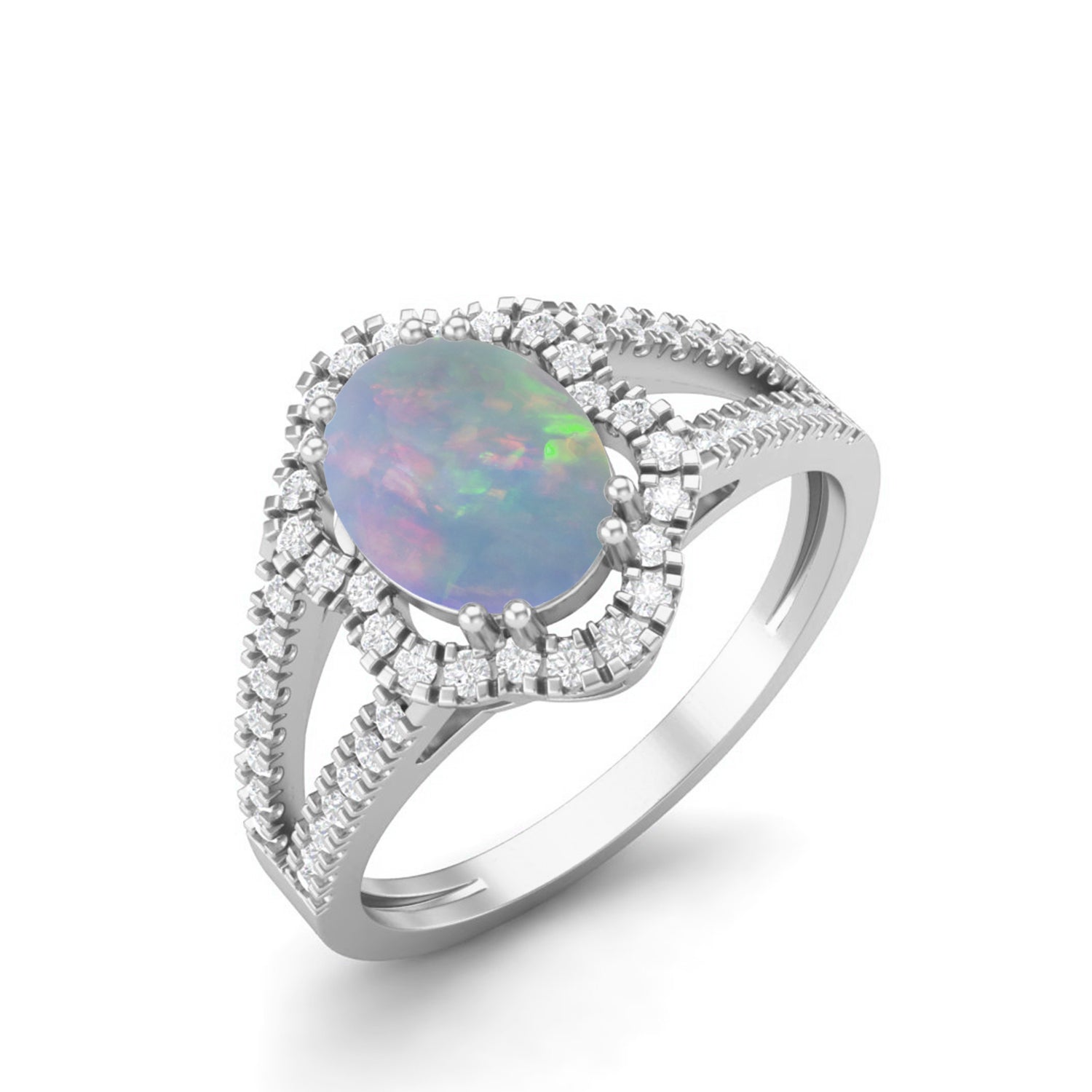 Opal Split Shank Halo Ring - Sterling Silver