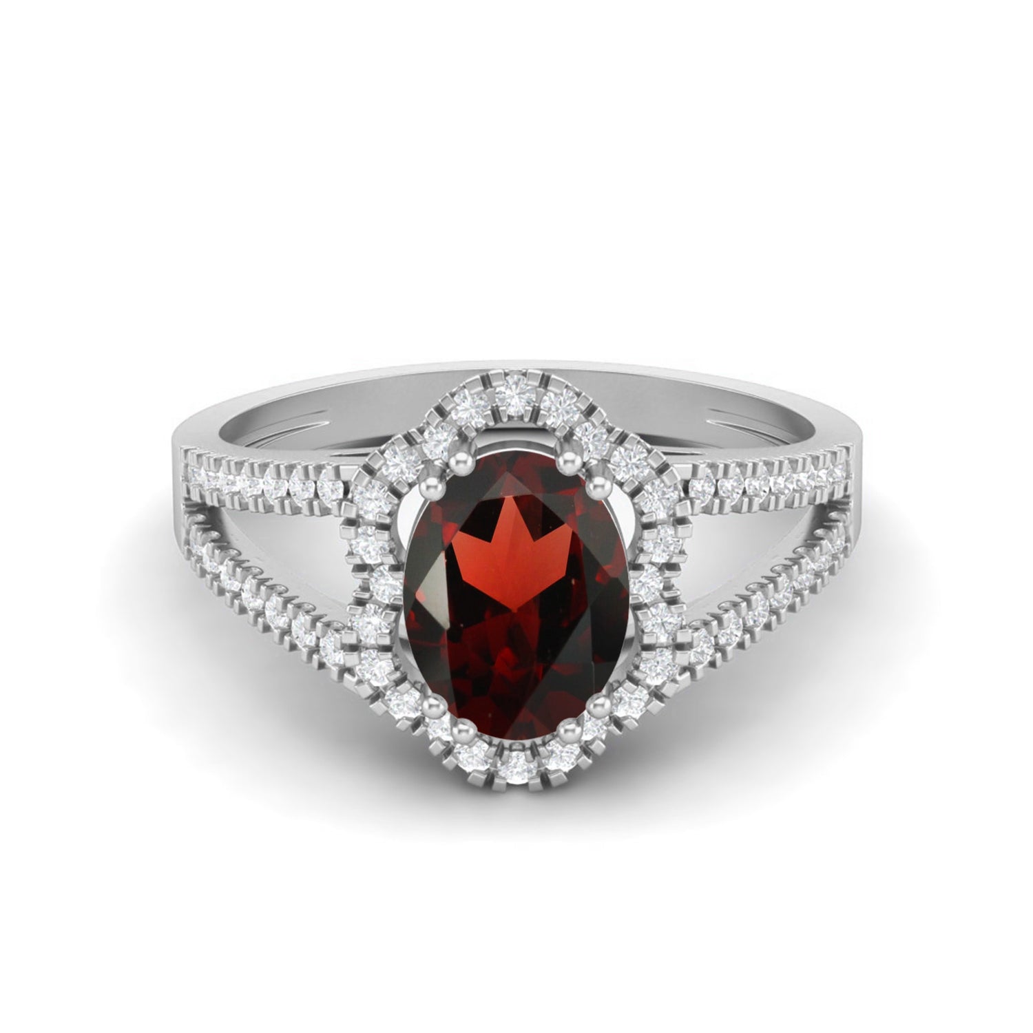 Garnet Oval Halo Split Shank Ring – Sterling Silver