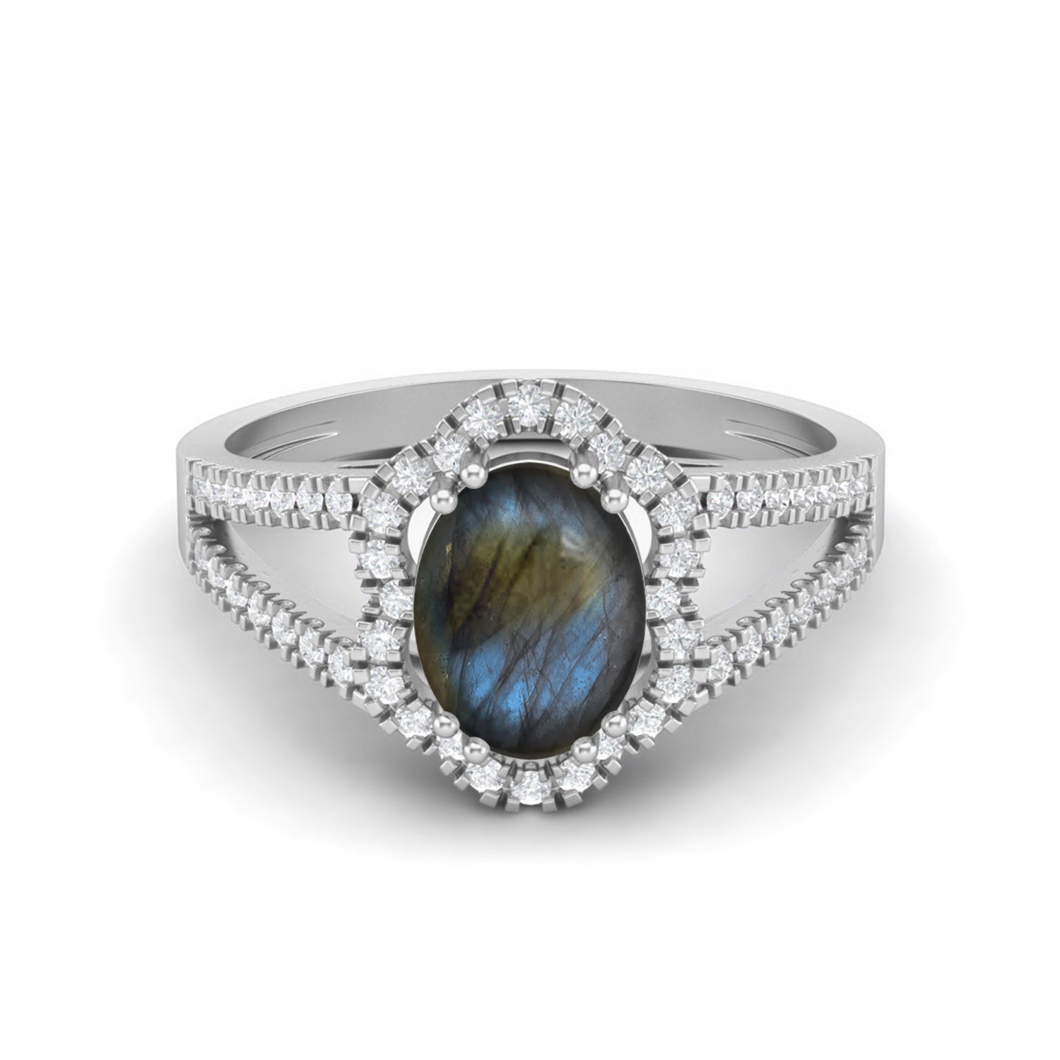 Labradorite Split Shank Halo Ring - Sterling Silver