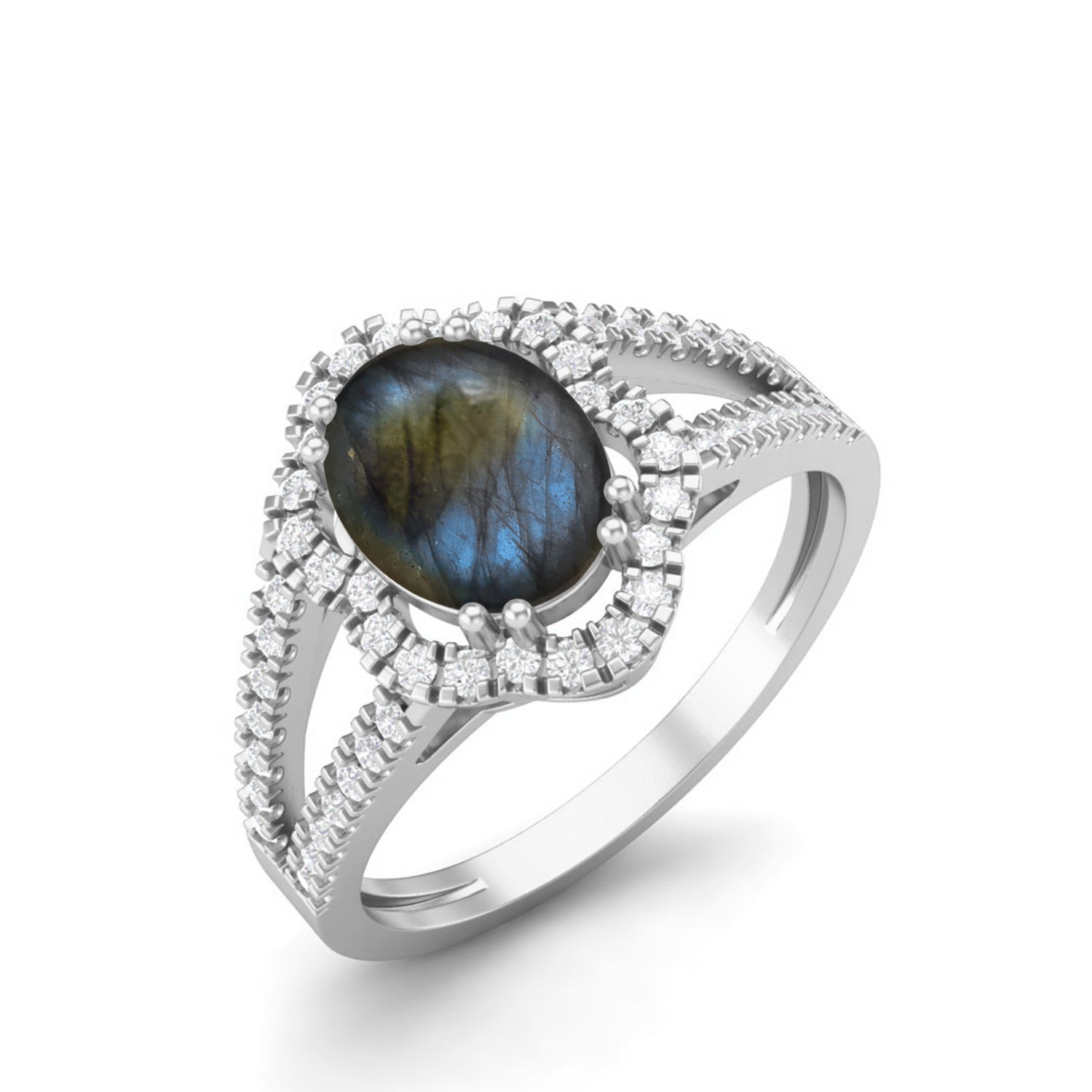 Labradorite Split Shank Halo Ring - Sterling Silver