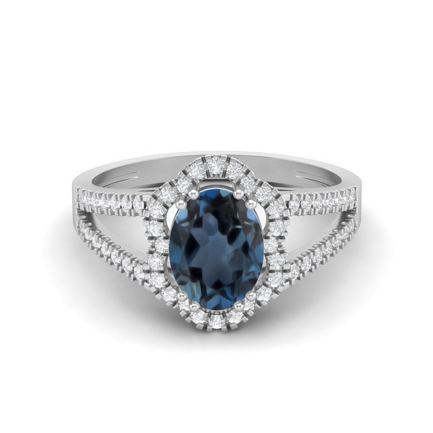 London Blue Topaz Double Halo Split Shank Ring – Sterling Silver