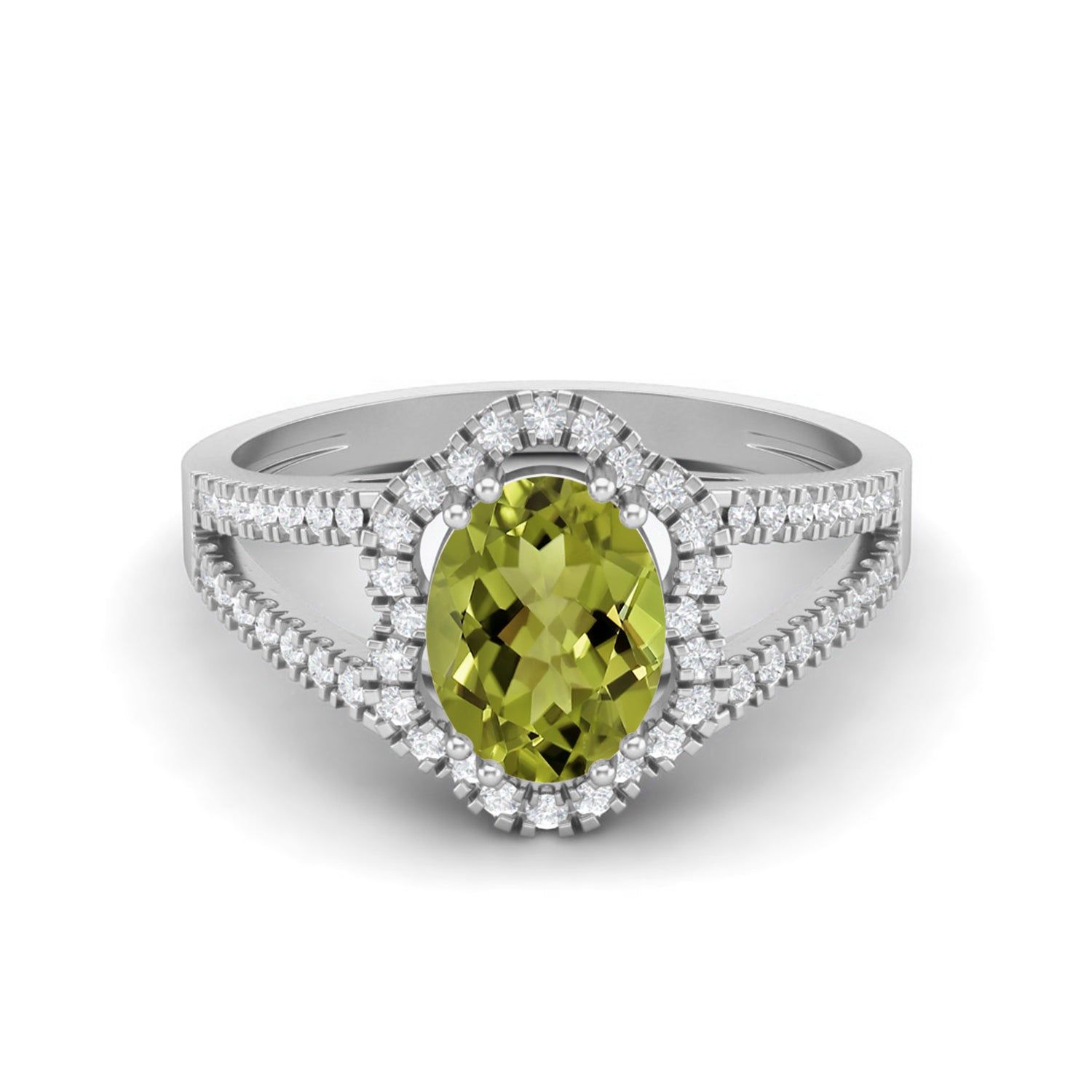 Peridot Split Shank Halo Ring - Sterling Silver
