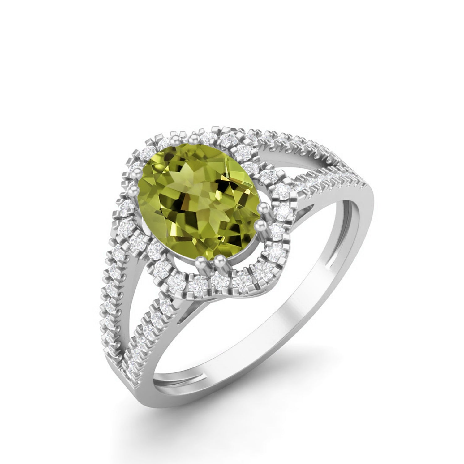 Peridot Split Shank Halo Ring - Sterling Silver