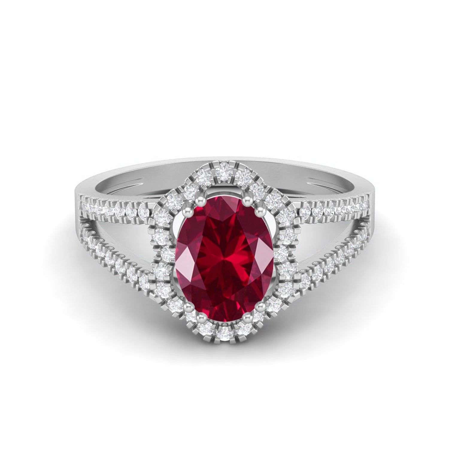 Ruby Oval Diamond Halo Ring - Sterling Silver