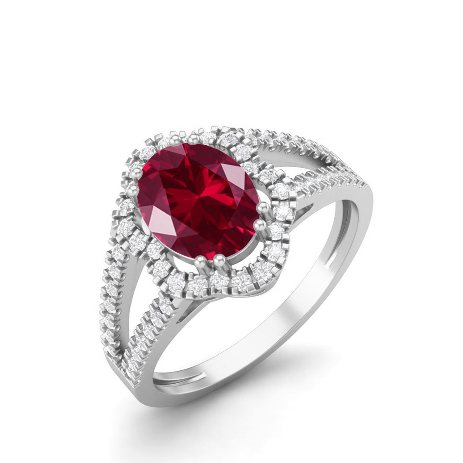 Ruby Oval Diamond Halo Ring - Sterling Silver