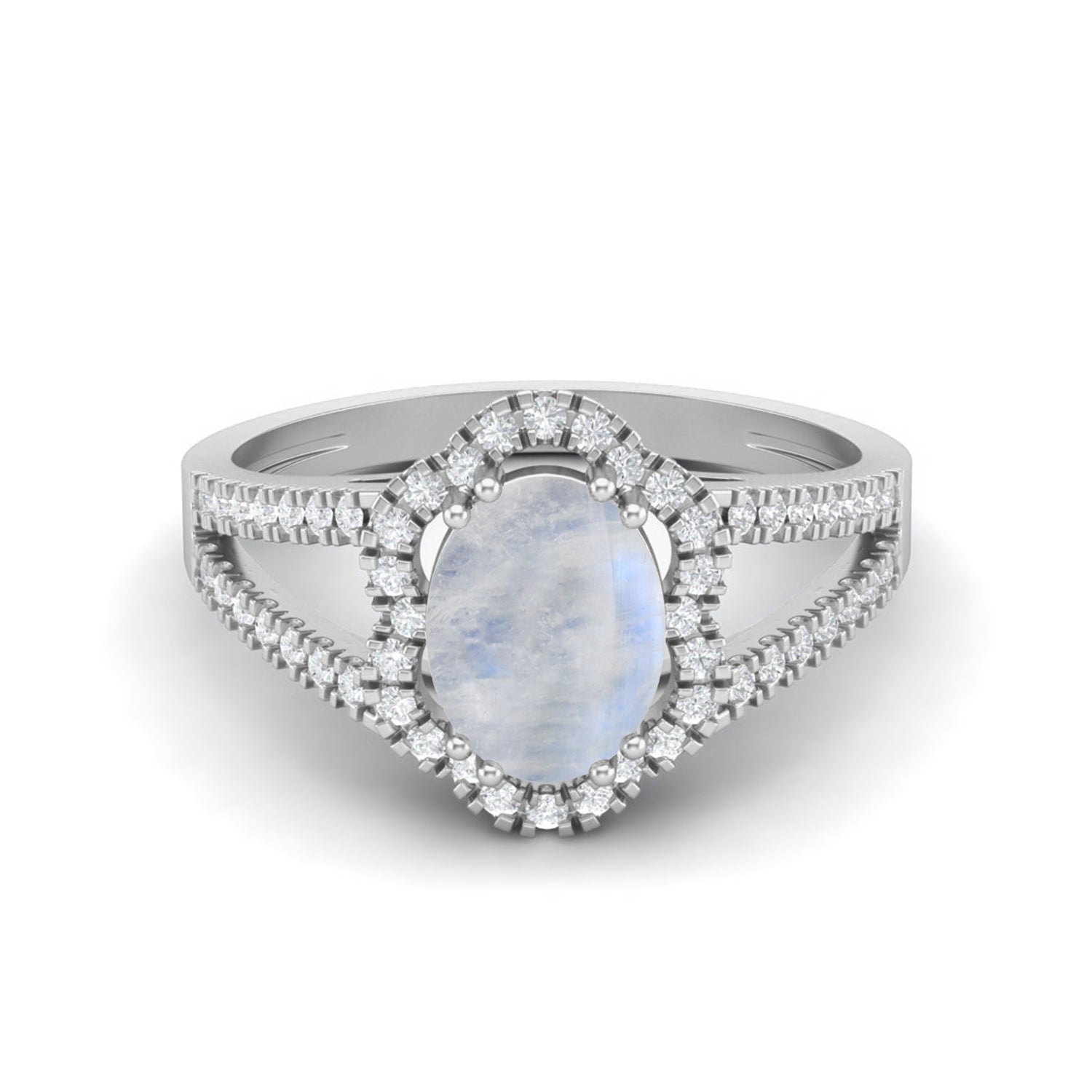 Moonstone Split Shank Halo Ring - Sterling Silver