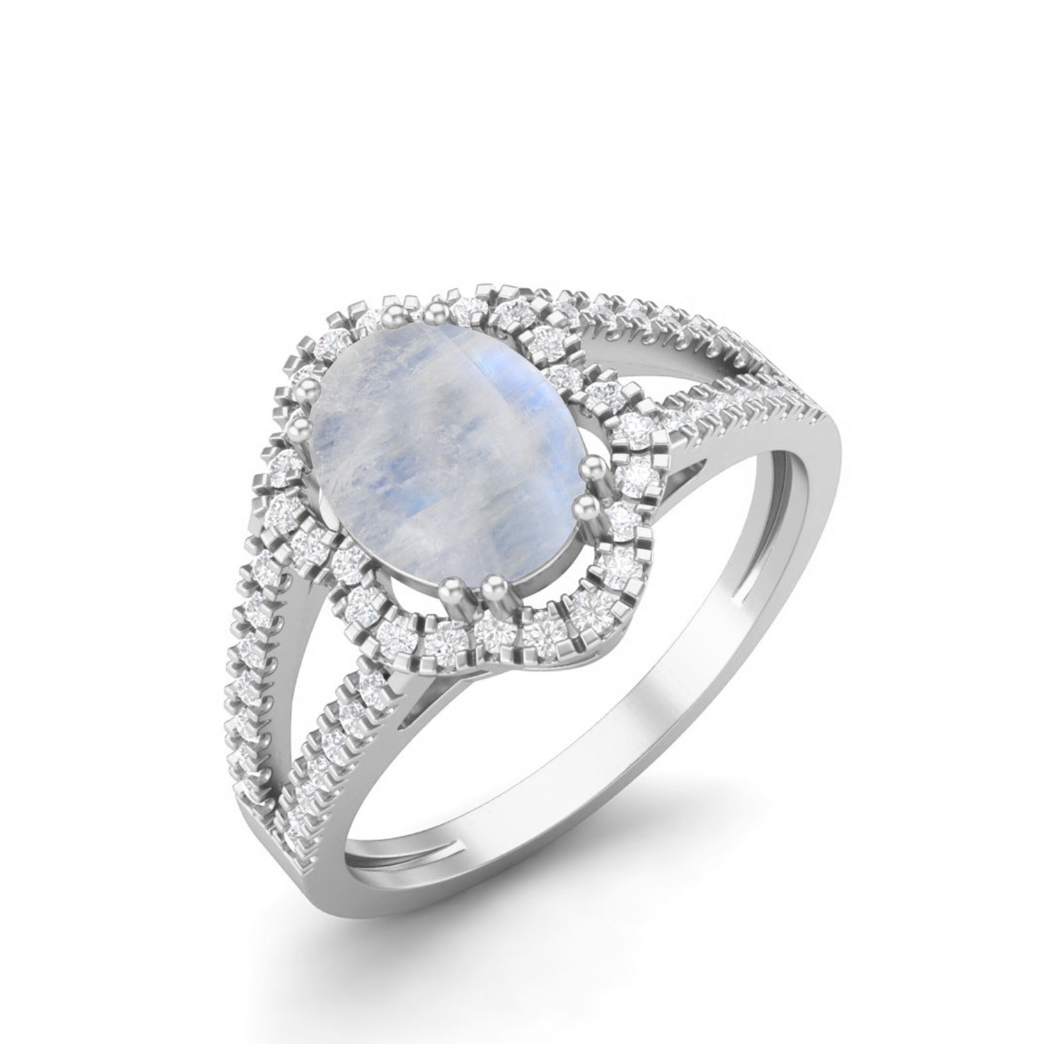 Moonstone Split Shank Halo Ring - Sterling Silver