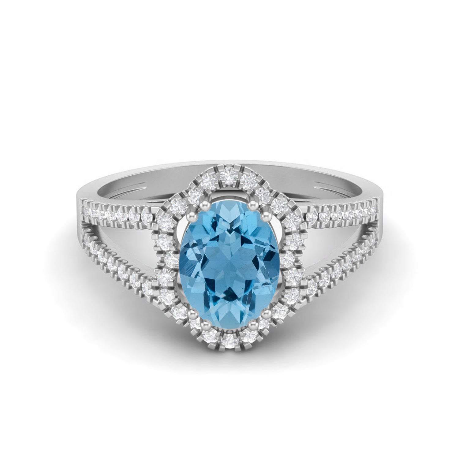 Swiss Blue Topaz Split Shank Halo Ring - Sterling Silver