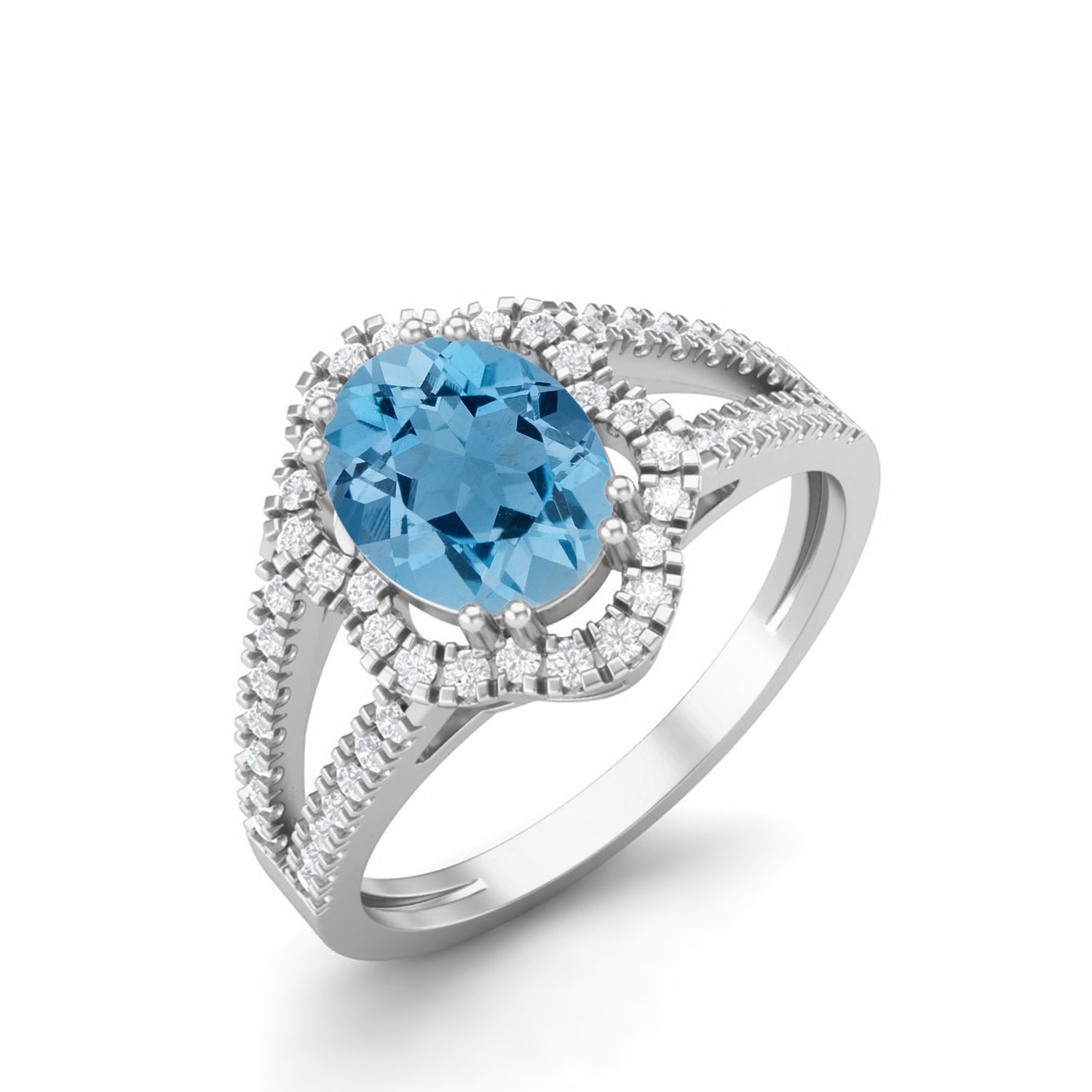 Swiss Blue Topaz Split Shank Halo Ring - Sterling Silver