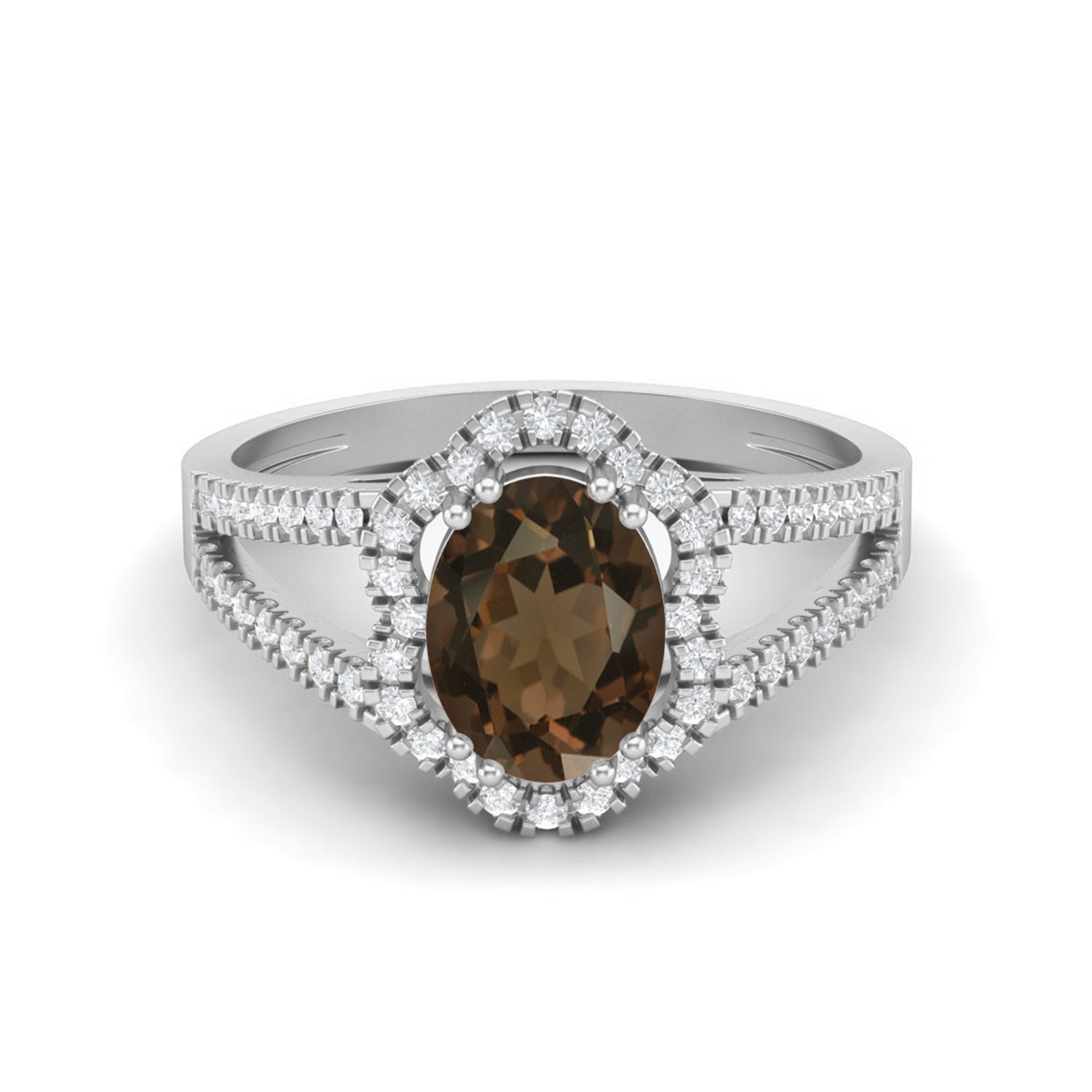 Smoky Quartz Split Shank Halo Ring - Sterling Silver