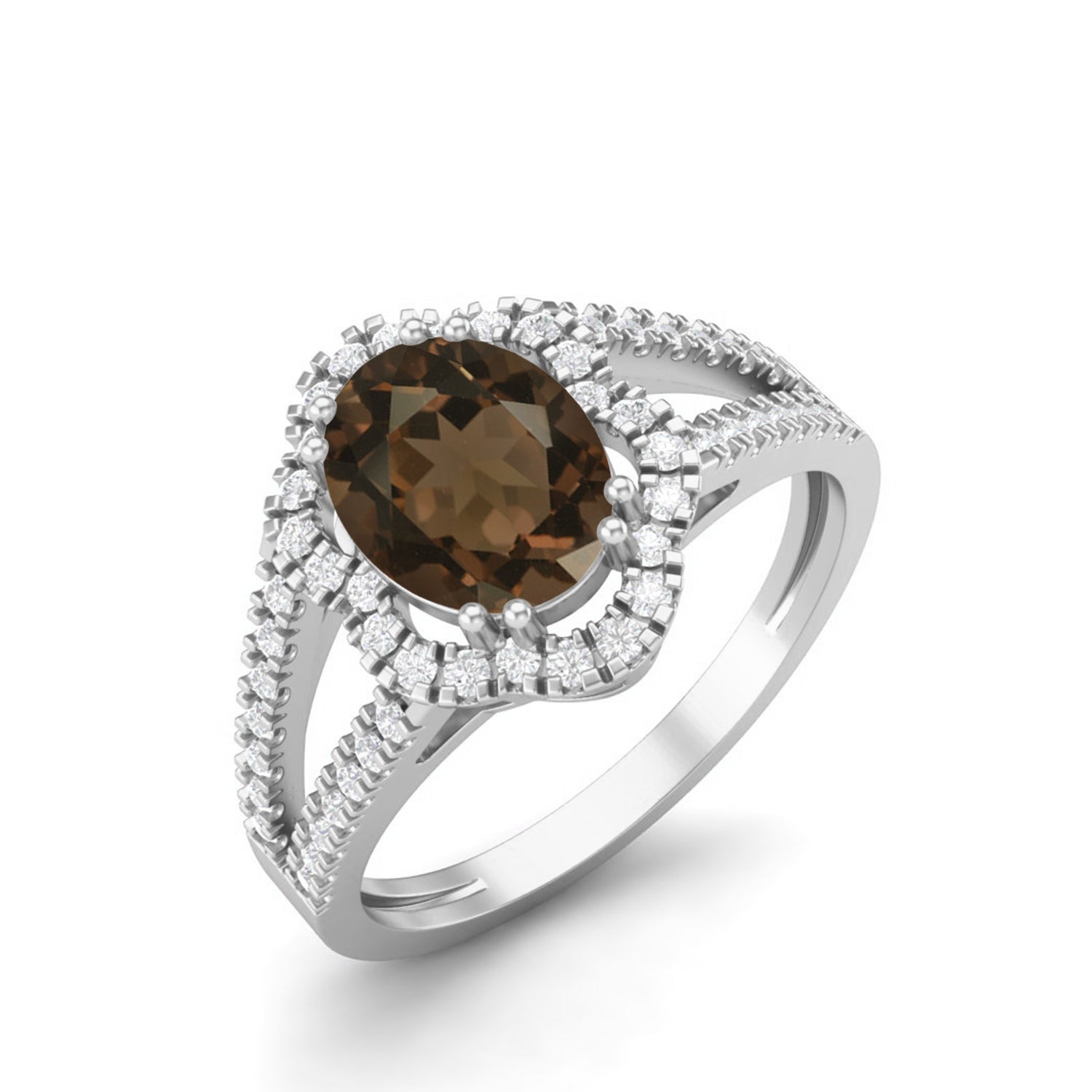 Smoky Quartz Split Shank Halo Ring - Sterling Silver