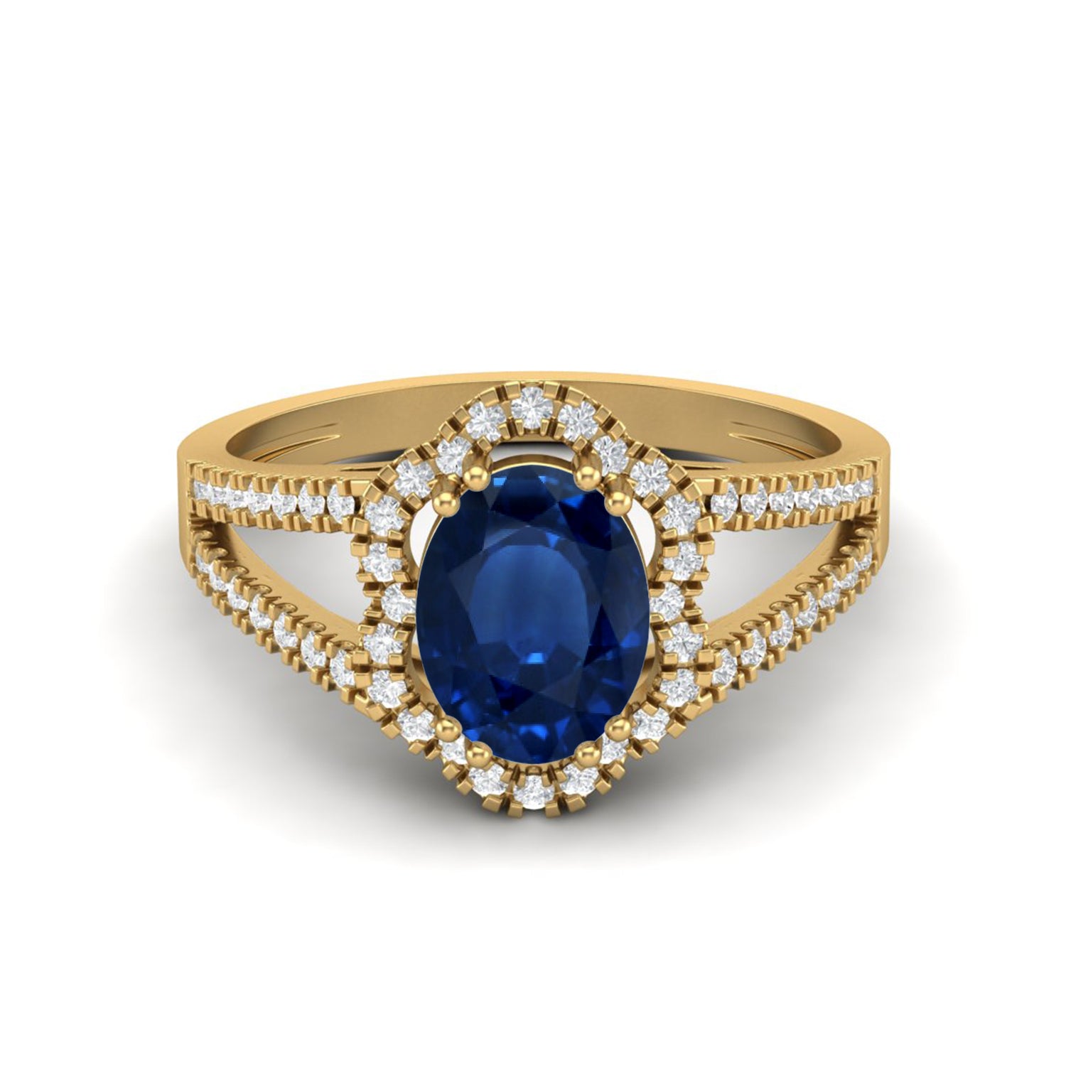 Blue Sapphire Split Shank Halo Ring - Sterling Silver