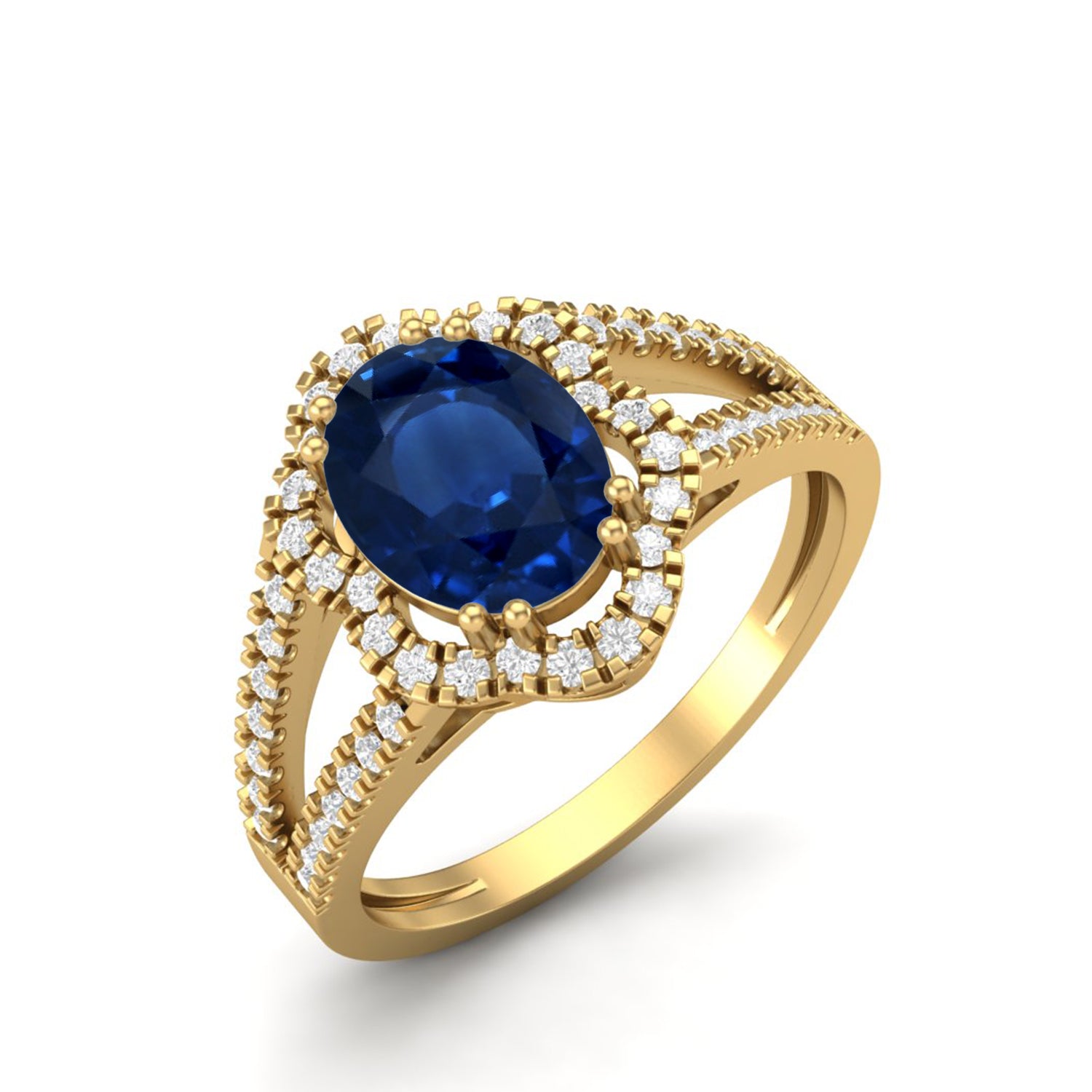 Blue Sapphire Split Shank Halo Ring - Sterling Silver